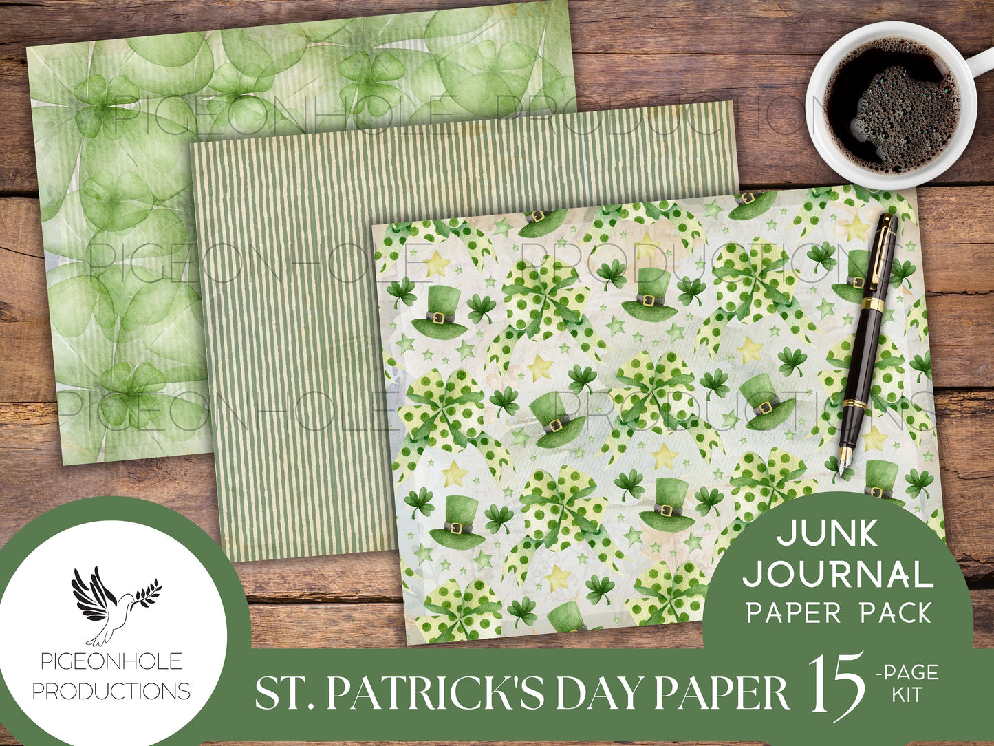 St. Patrick's Day Paper Pack—PRINTABLE—lined and unlined, for junk journals and other paper crafts—coordinating pages and ephemera available