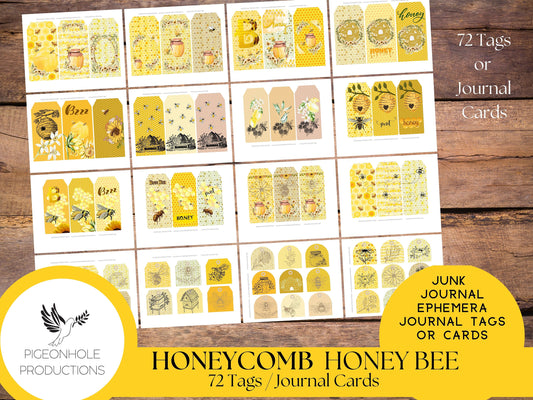 Honeycomb & Honey Bee Tags Kit—PRINTABLE—72 tags or journal cards—collage, other papercrafts—great for bee journals—various gold colors