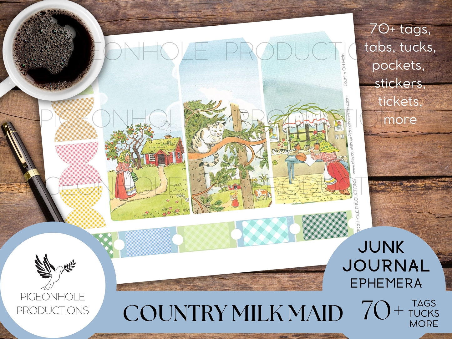 Country Milk Maid Junk Journal EPHEMERA—PRINTABLE—70+ cute tags, tucks, pockets, stickers, tickets with vintage illustrations