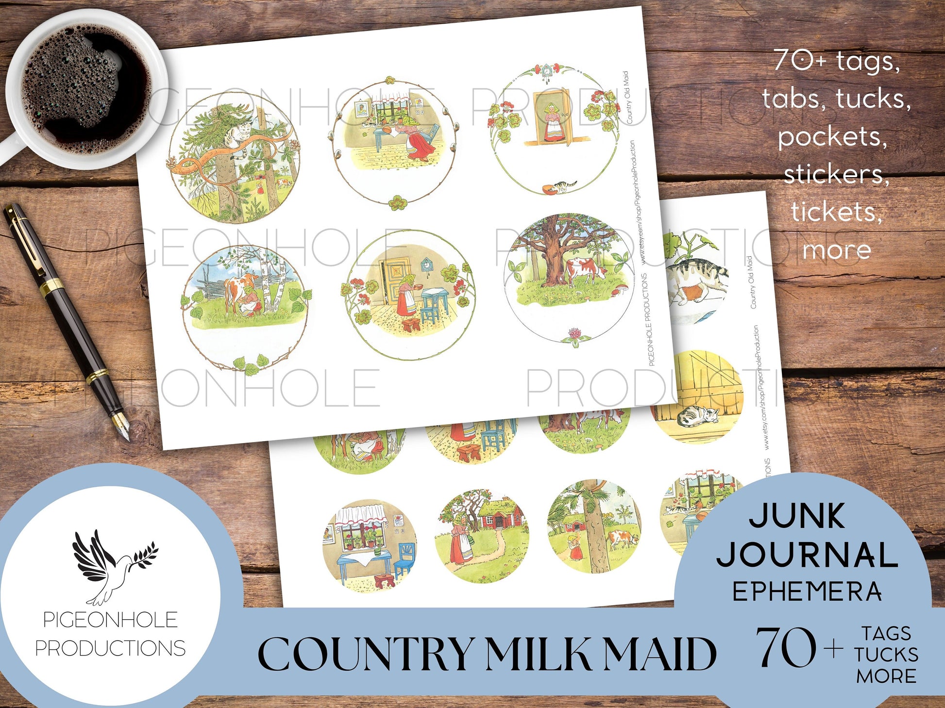 Country Milk Maid Junk Journal EPHEMERA—PRINTABLE—70+ cute tags, tucks, pockets, stickers, tickets with vintage illustrations