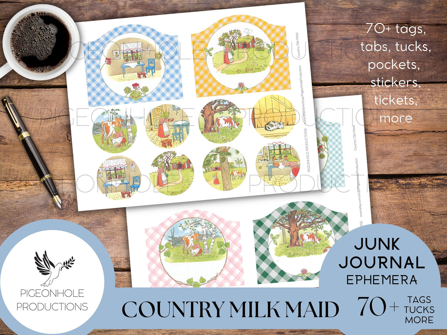 Country Milk Maid Junk Journal EPHEMERA—PRINTABLE—70+ cute tags, tucks, pockets, stickers, tickets with vintage illustrations