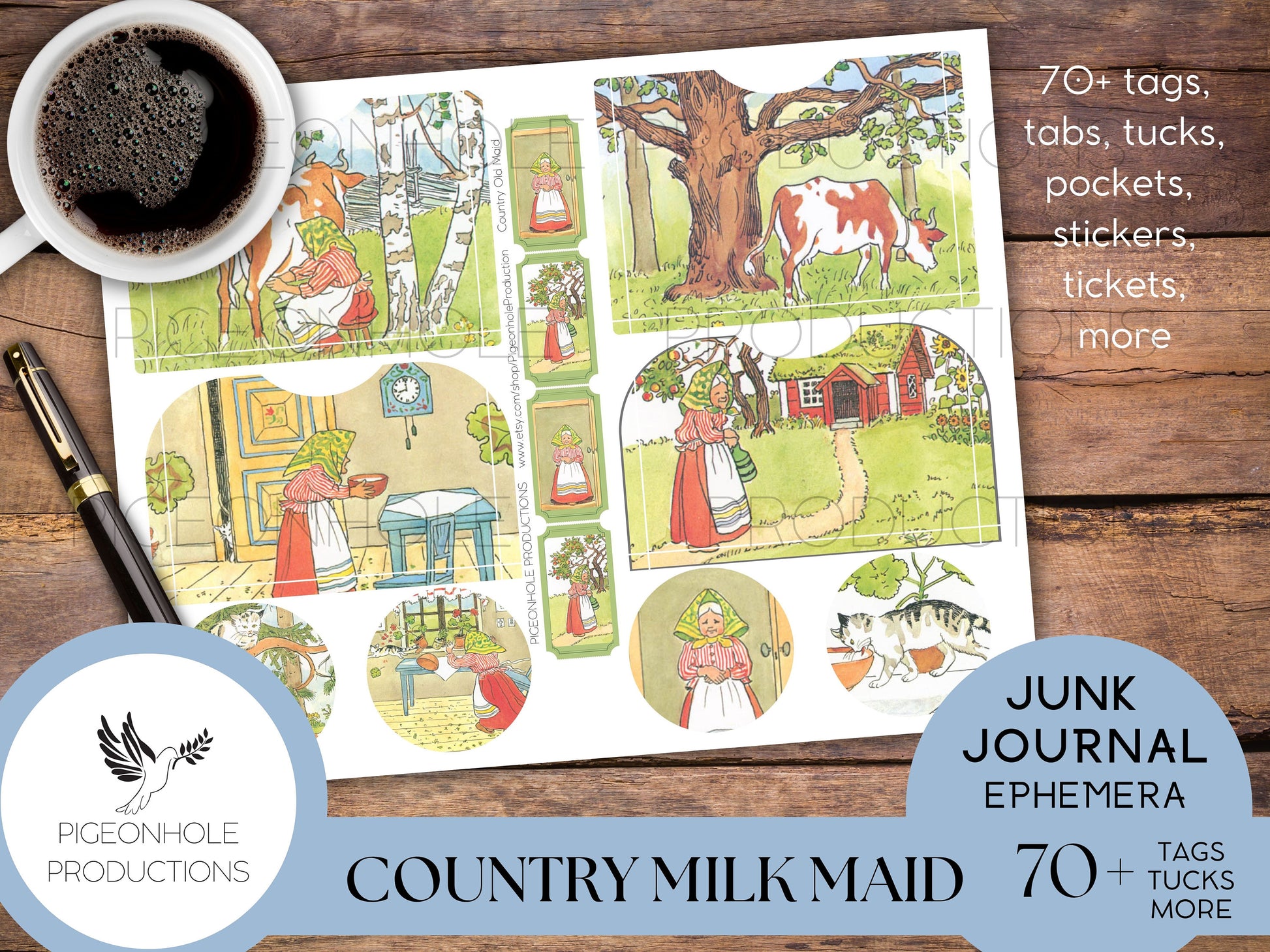 Country Milk Maid Junk Journal EPHEMERA—PRINTABLE—70+ cute tags, tucks, pockets, stickers, tickets with vintage illustrations