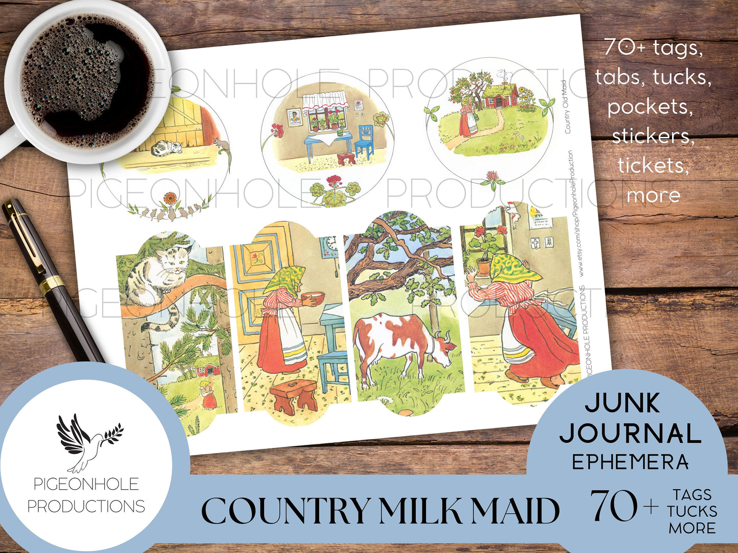 Country Milk Maid Junk Journal EPHEMERA—PRINTABLE—70+ cute tags, tucks, pockets, stickers, tickets with vintage illustrations
