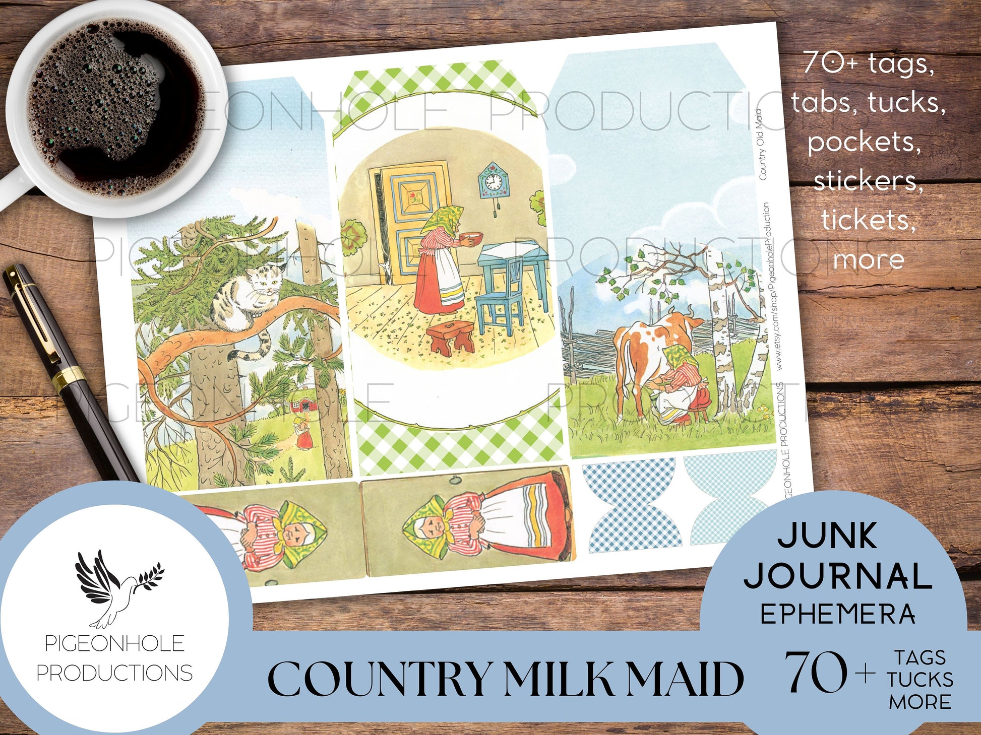 Country Milk Maid Junk Journal EPHEMERA—PRINTABLE—70+ cute tags, tucks, pockets, stickers, tickets with vintage illustrations
