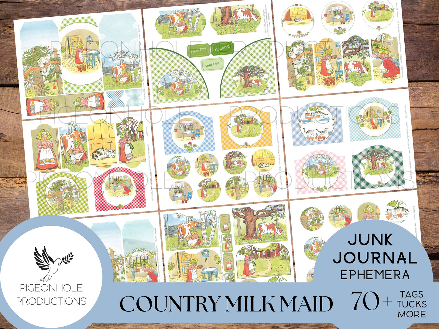 Country Milk Maid Junk Journal EPHEMERA—PRINTABLE—70+ cute tags, tucks, pockets, stickers, tickets with vintage illustrations
