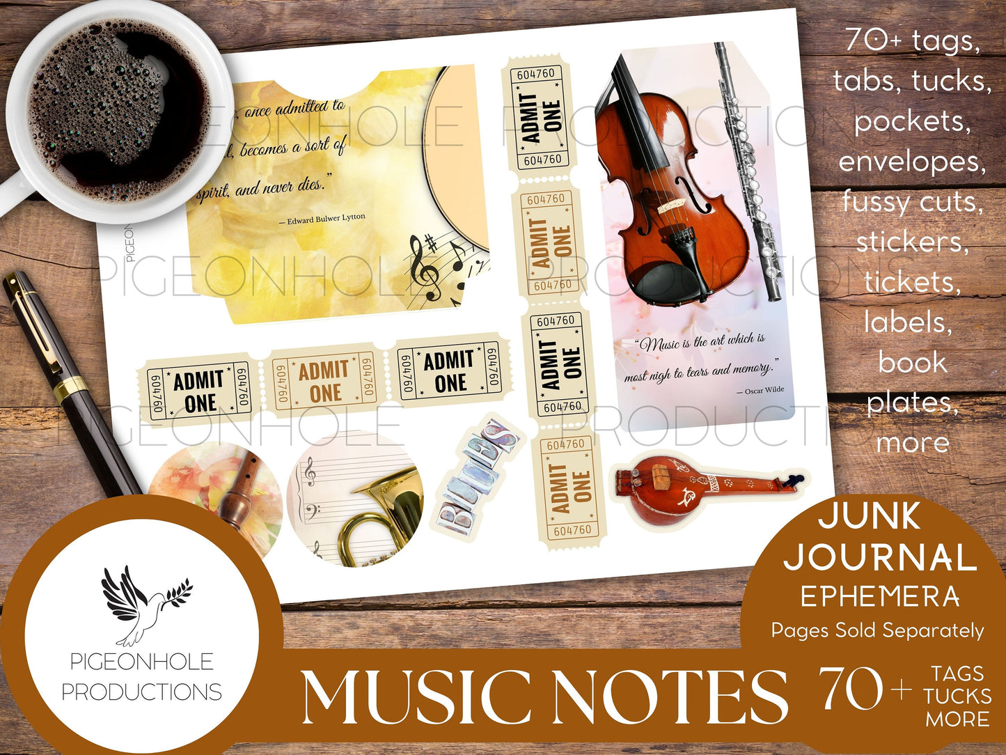 Music Notes Junk Journal Ephemera, PRINTABLE, 70+ music themed tags, tucks, pockets, envelopes, stickers, fussy cuts, bookplates, more