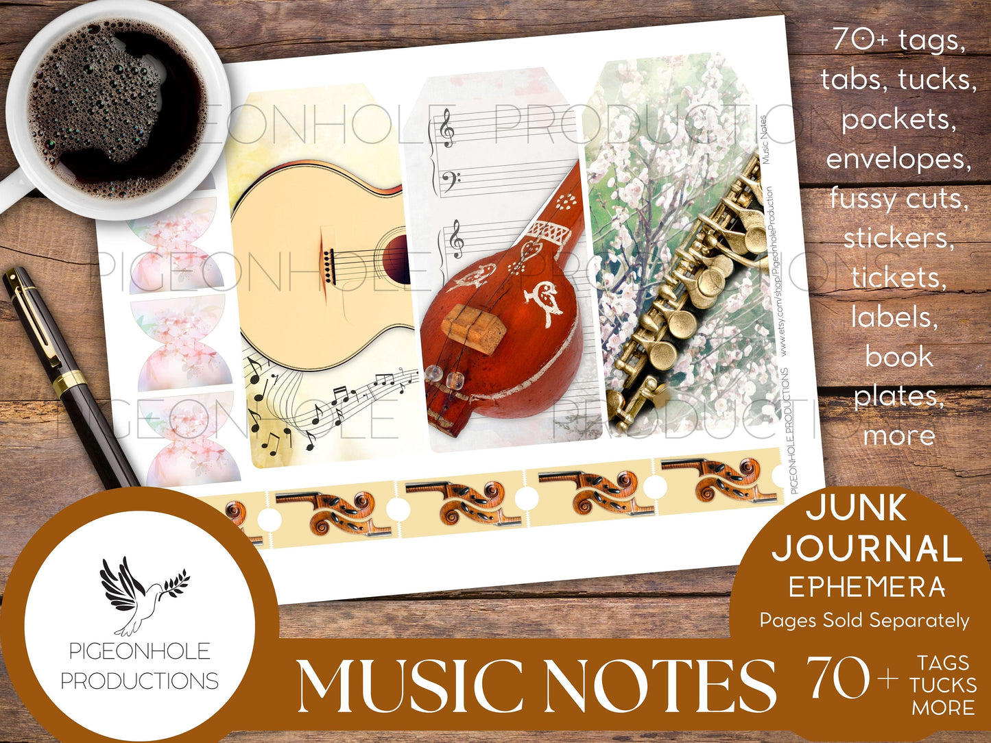 Music Notes Junk Journal Ephemera, PRINTABLE, 70+ music themed tags, tucks, pockets, envelopes, stickers, fussy cuts, bookplates, more