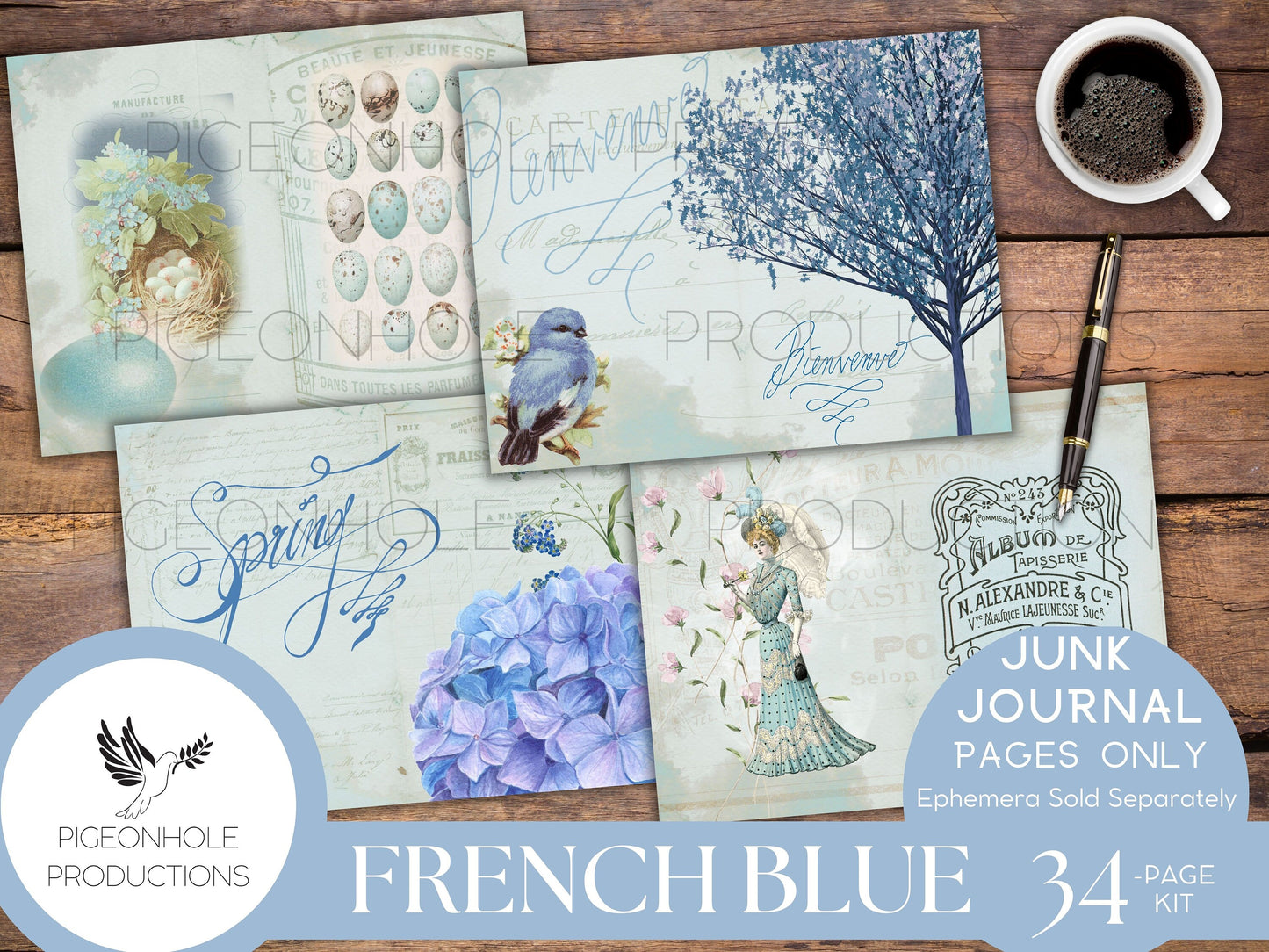 French Blue Junk Journal Pages Kit, PRINTABLE, 34 sheets background, lined, unlined, collage sheets, pretty blue florals, French ephemera