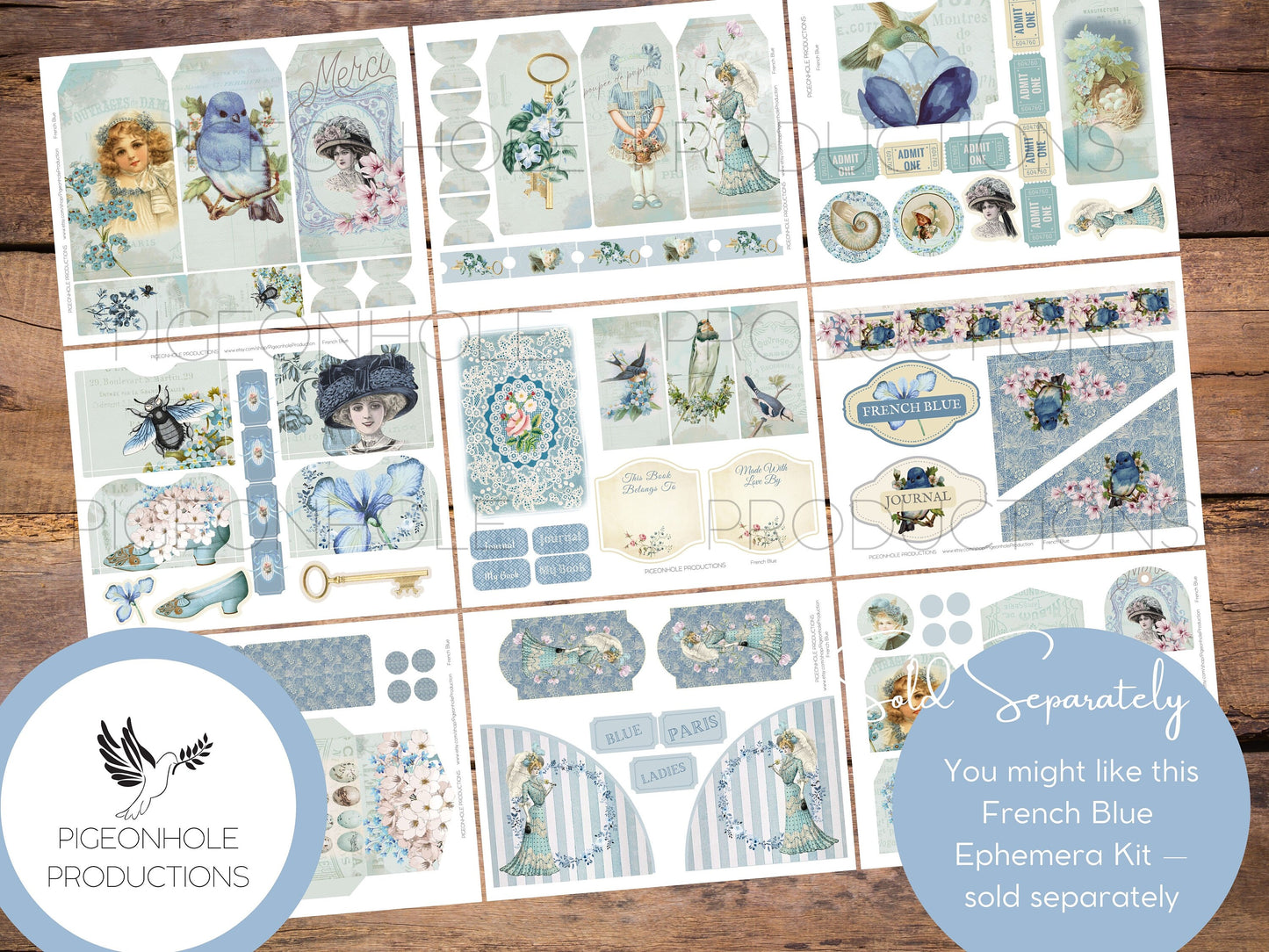 French Blue Junk Journal Pages Kit, PRINTABLE, 34 sheets background, lined, unlined, collage sheets, pretty blue florals, French ephemera