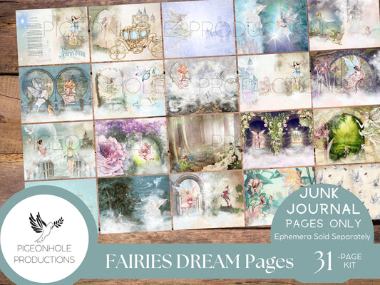 Fairies Dream Junk Journal Pages, PRINTABLE, 31 collaged, lined & unlined journal sheets, makes 62 junk journal pages, magical, enchanting