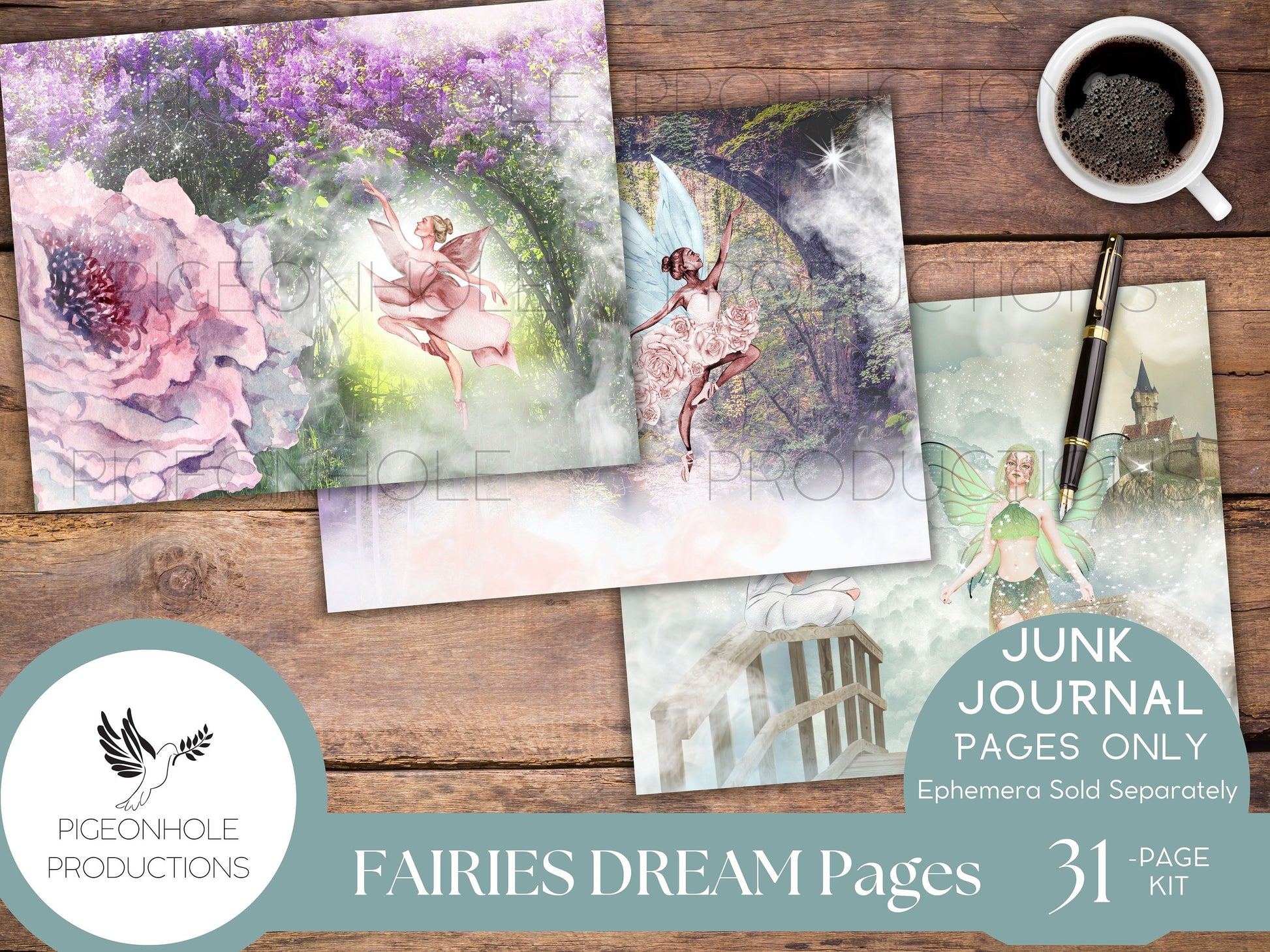 Fairies Dream Junk Journal Pages, PRINTABLE, 31 collaged, lined & unlined journal sheets, makes 62 junk journal pages, magical, enchanting