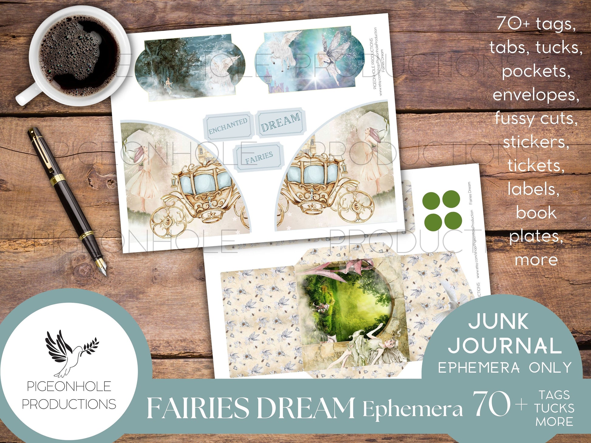 Fairies Dream Junk Journal EPHEMERA—PRINTABLE—70+ pretty tags, tucks, pockets, envelopes, fussy cuts, stickers, tickets, labels, more