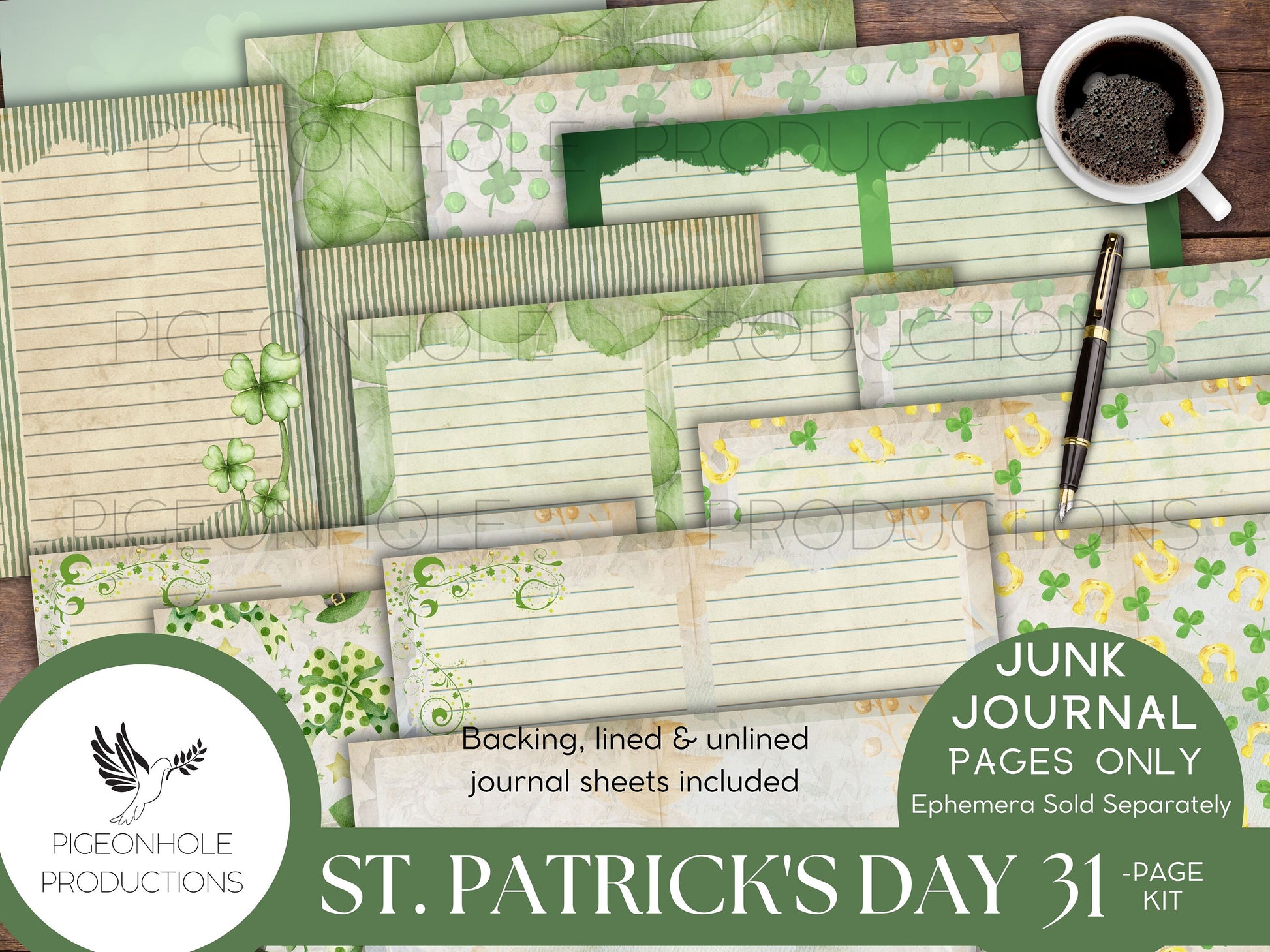 St. Patrick's Day Junk Journal Pages—PRINTABLE—31 page kit makes 62 journal pages—cute, whimsical, cheery Irish images—ephemera available