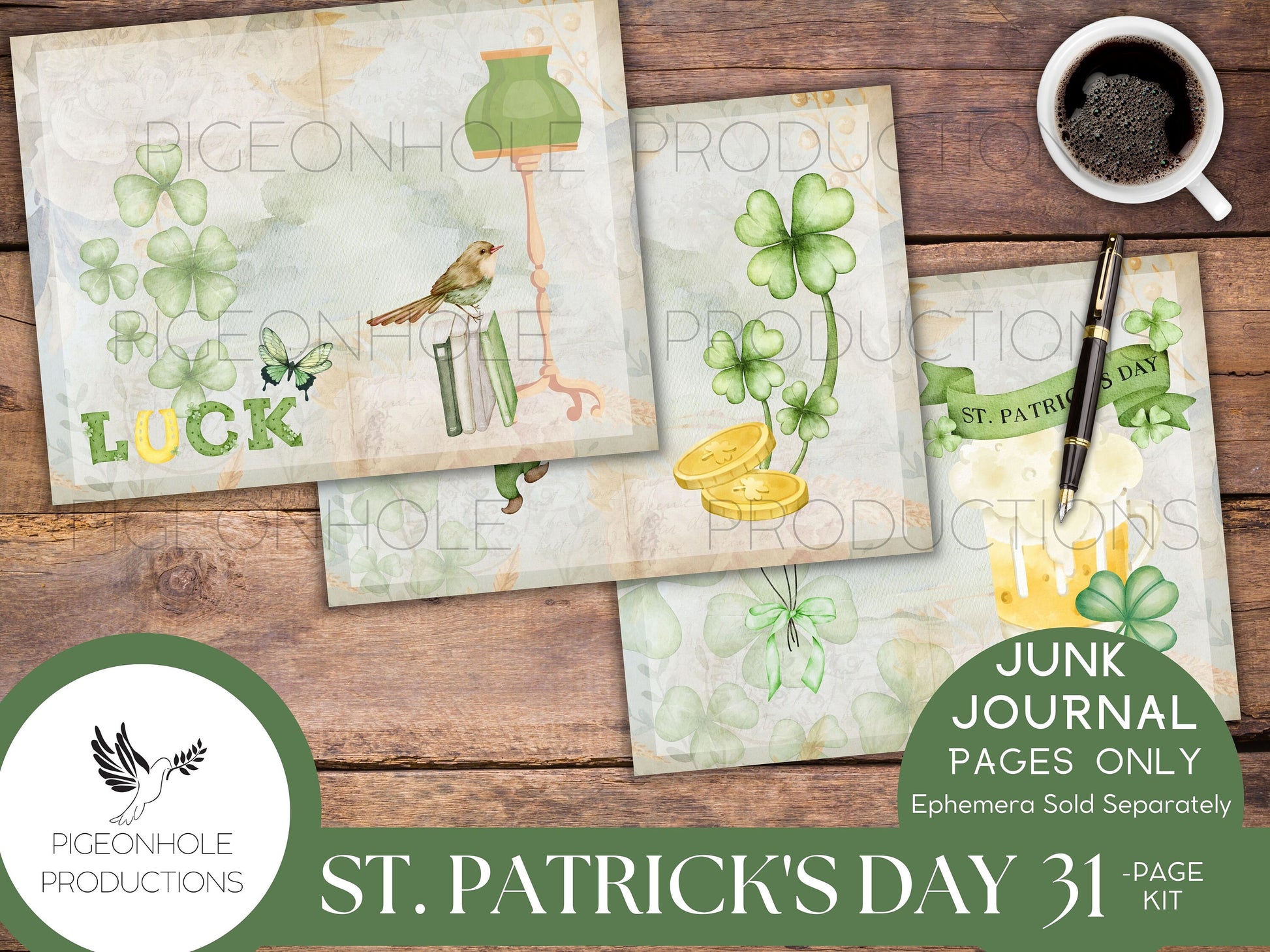 St. Patrick's Day Junk Journal Pages—PRINTABLE—31 page kit makes 62 journal pages—cute, whimsical, cheery Irish images—ephemera available