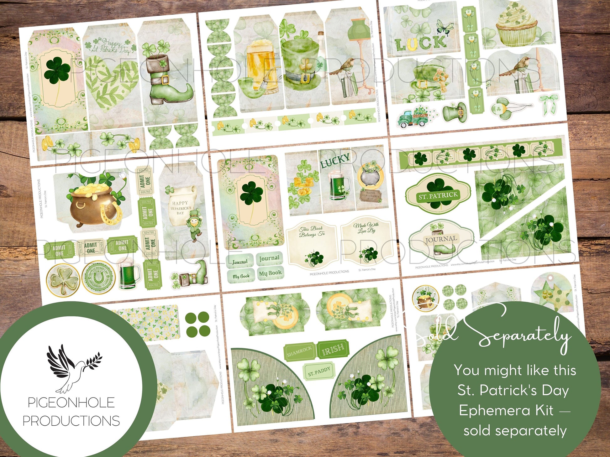 St. Patrick's Day Junk Journal Pages—PRINTABLE—31 page kit makes 62 journal pages—cute, whimsical, cheery Irish images—ephemera available