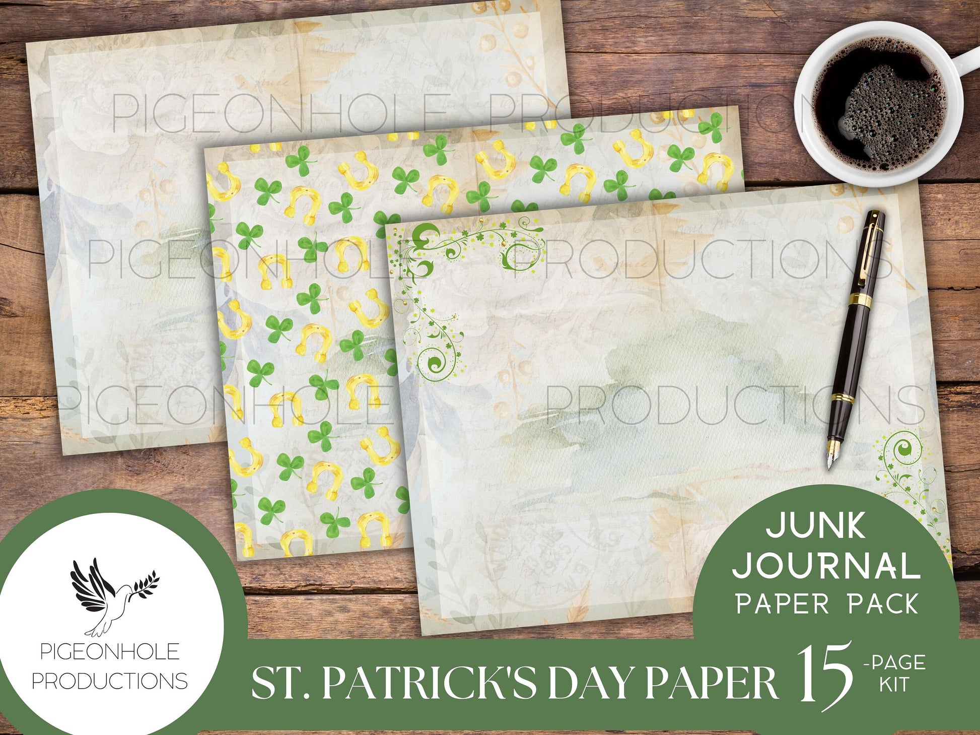 St. Patrick's Day Paper Pack—PRINTABLE—lined and unlined, for junk journals and other paper crafts—coordinating pages and ephemera available