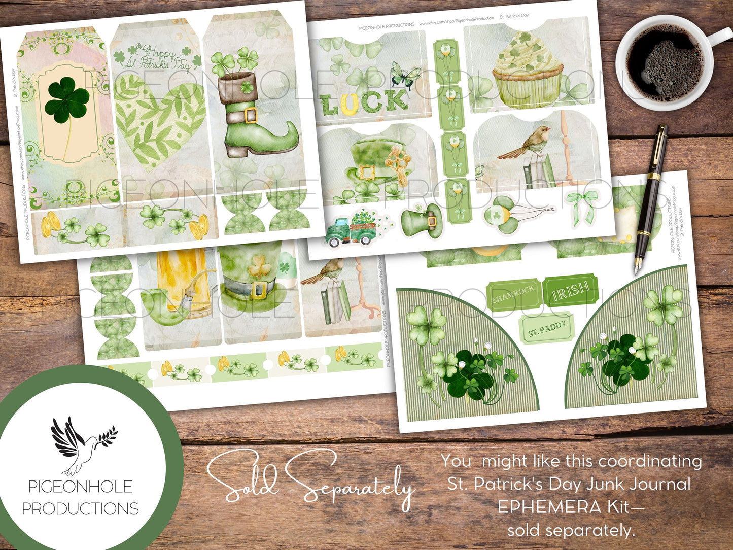 St. Patrick's Day Paper Pack—PRINTABLE—lined and unlined, for junk journals and other paper crafts—coordinating pages and ephemera available