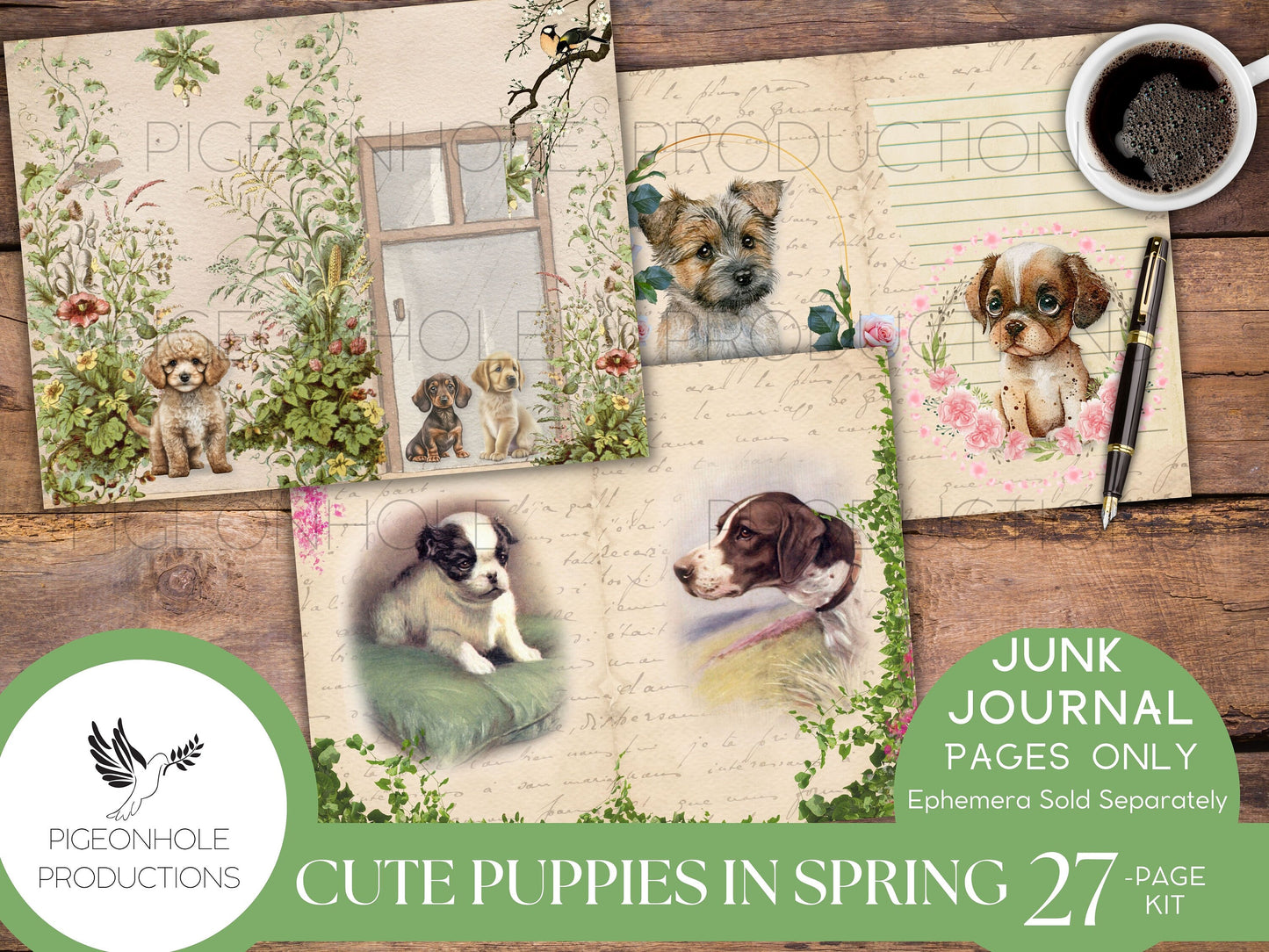 Cute Puppies In Spring Junk Journal Kit, PRINTABLE, 26 decorative, lined and unlined pages, makes 52 journal pages, sweet cuddly puppies!