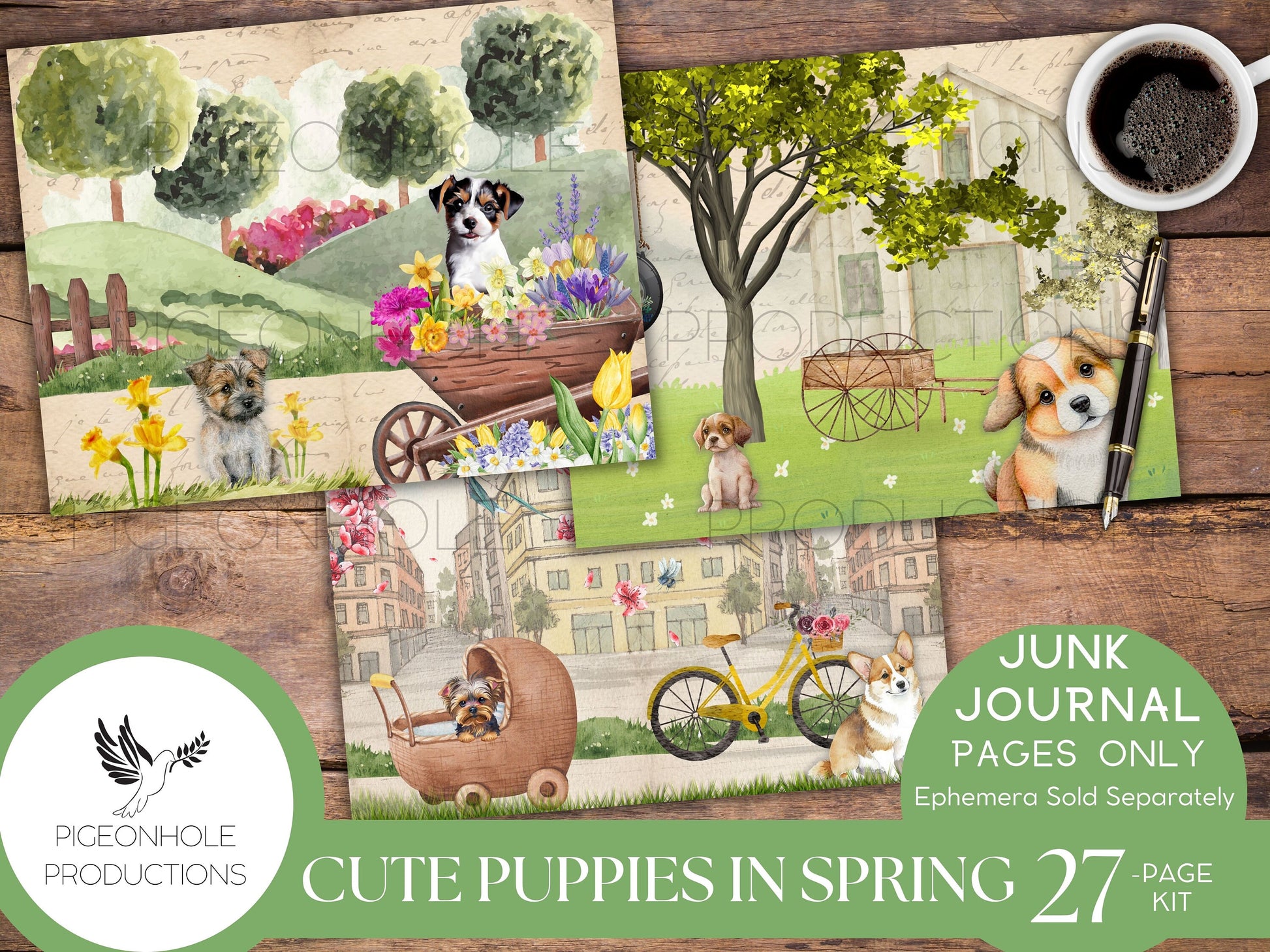 Cute Puppies In Spring Junk Journal Kit, PRINTABLE, 26 decorative, lined and unlined pages, makes 52 journal pages, sweet cuddly puppies!