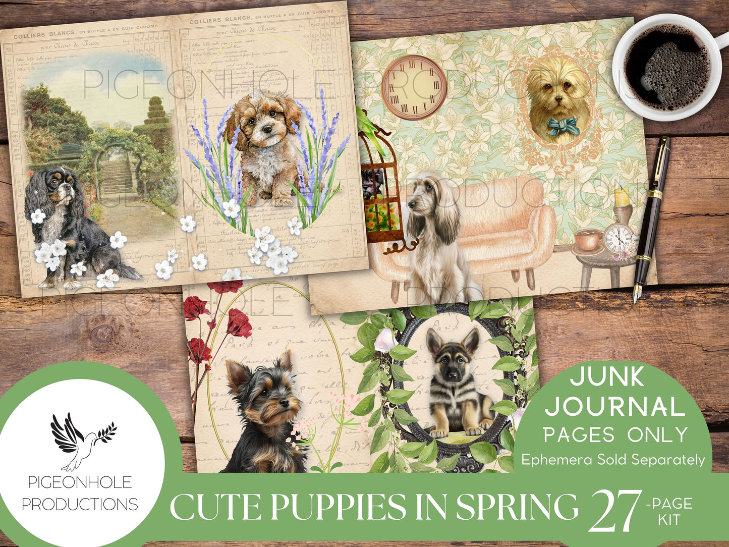 Cute Puppies In Spring Junk Journal Kit, PRINTABLE, 26 decorative, lined and unlined pages, makes 52 journal pages, sweet cuddly puppies!