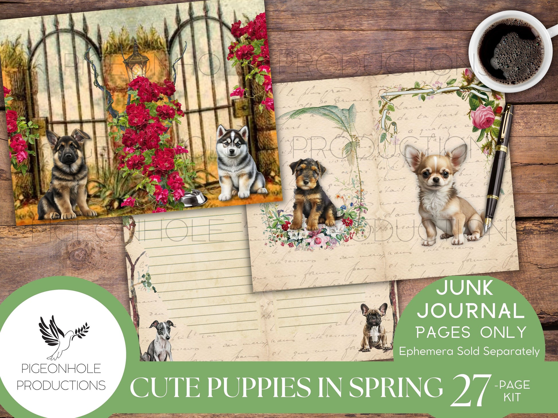 Cute Puppies In Spring Junk Journal Kit, PRINTABLE, 26 decorative, lined and unlined pages, makes 52 journal pages, sweet cuddly puppies!