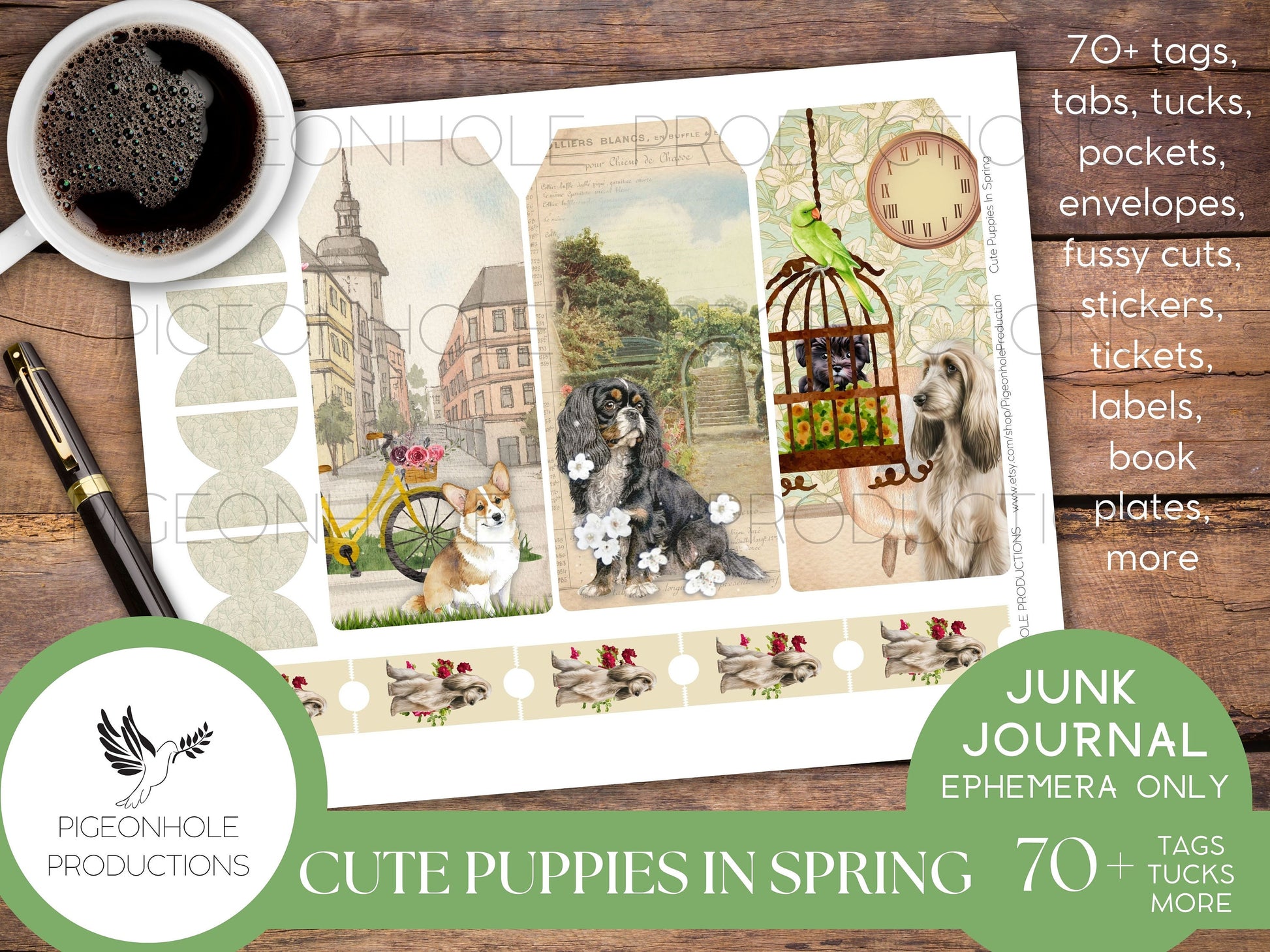 Cute Puppies In Spring Junk Journal EPHEMERA, PRINTABLE, 70+ cute tags, tucks, pockets, envelopes, fussy cuts, stickers, tickets, labels