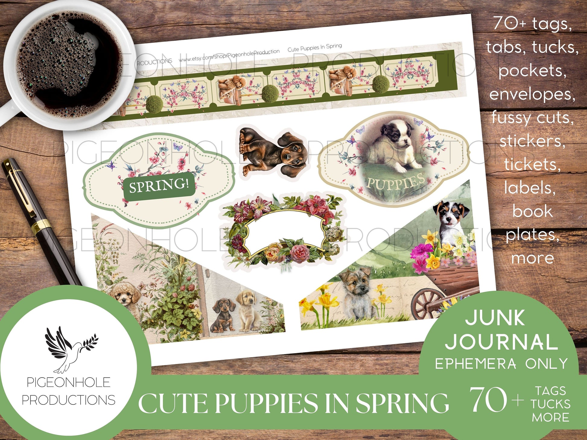 Cute Puppies In Spring Junk Journal EPHEMERA, PRINTABLE, 70+ cute tags, tucks, pockets, envelopes, fussy cuts, stickers, tickets, labels
