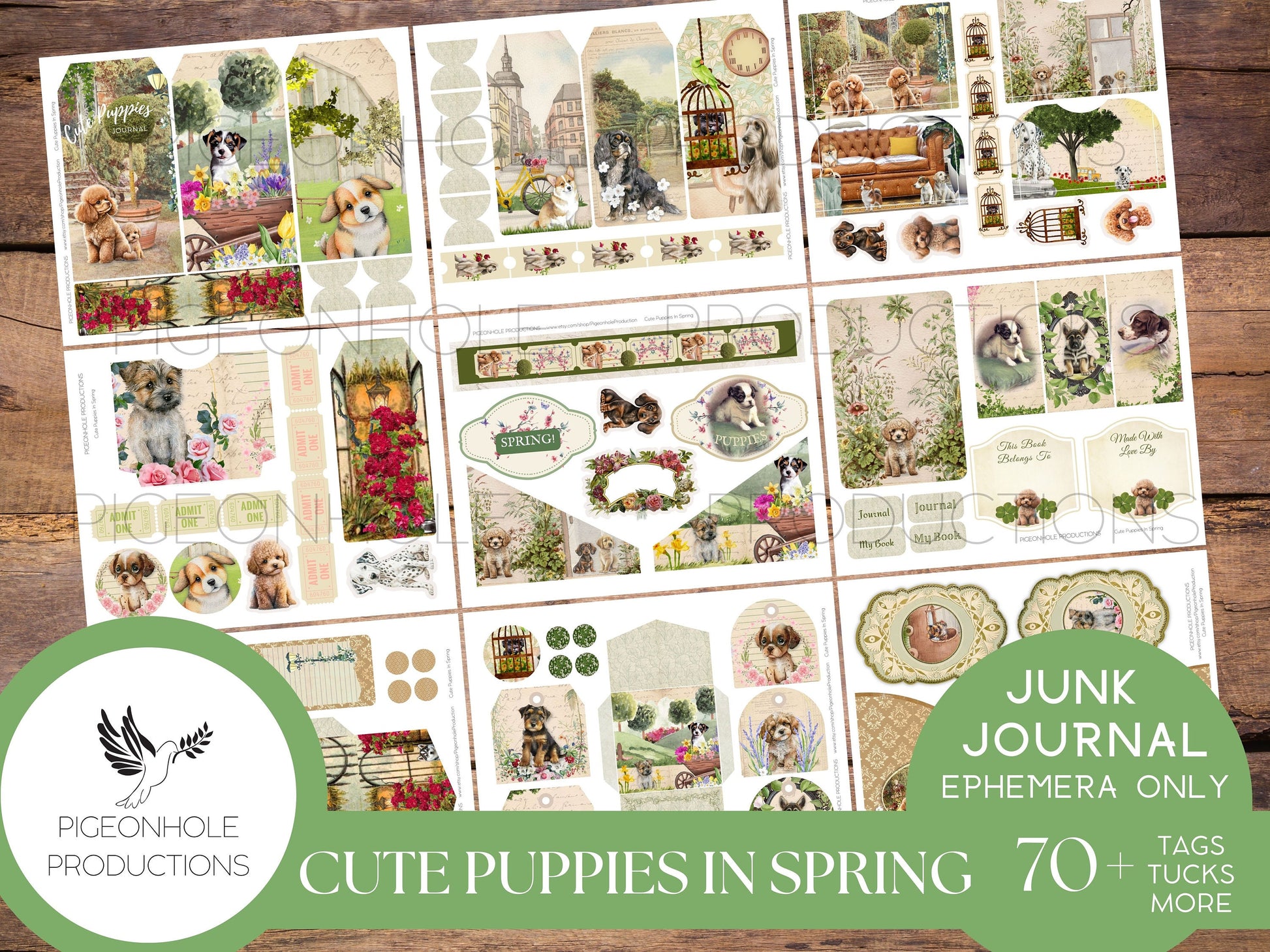 Cute Puppies In Spring Junk Journal EPHEMERA, PRINTABLE, 70+ cute tags, tucks, pockets, envelopes, fussy cuts, stickers, tickets, labels