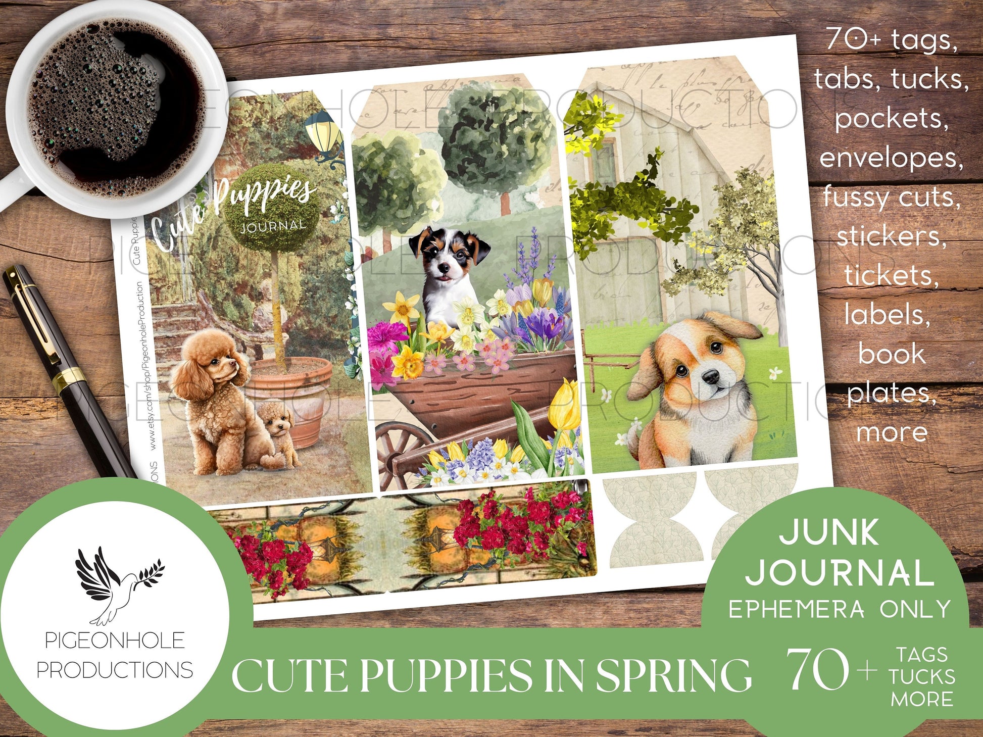 Cute Puppies In Spring Junk Journal EPHEMERA, PRINTABLE, 70+ cute tags, tucks, pockets, envelopes, fussy cuts, stickers, tickets, labels