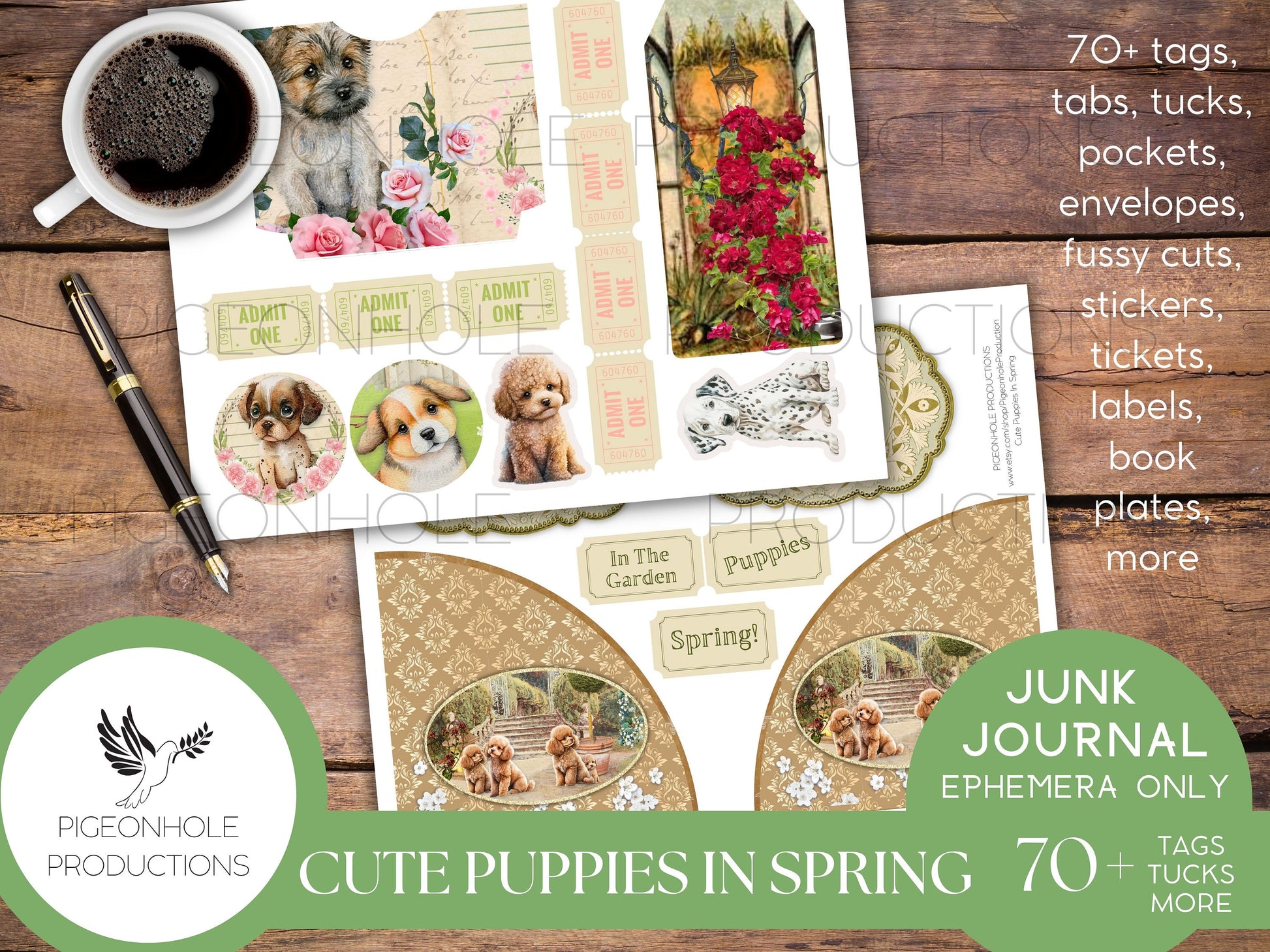 Cute Puppies In Spring Junk Journal EPHEMERA, PRINTABLE, 70+ cute tags, tucks, pockets, envelopes, fussy cuts, stickers, tickets, labels