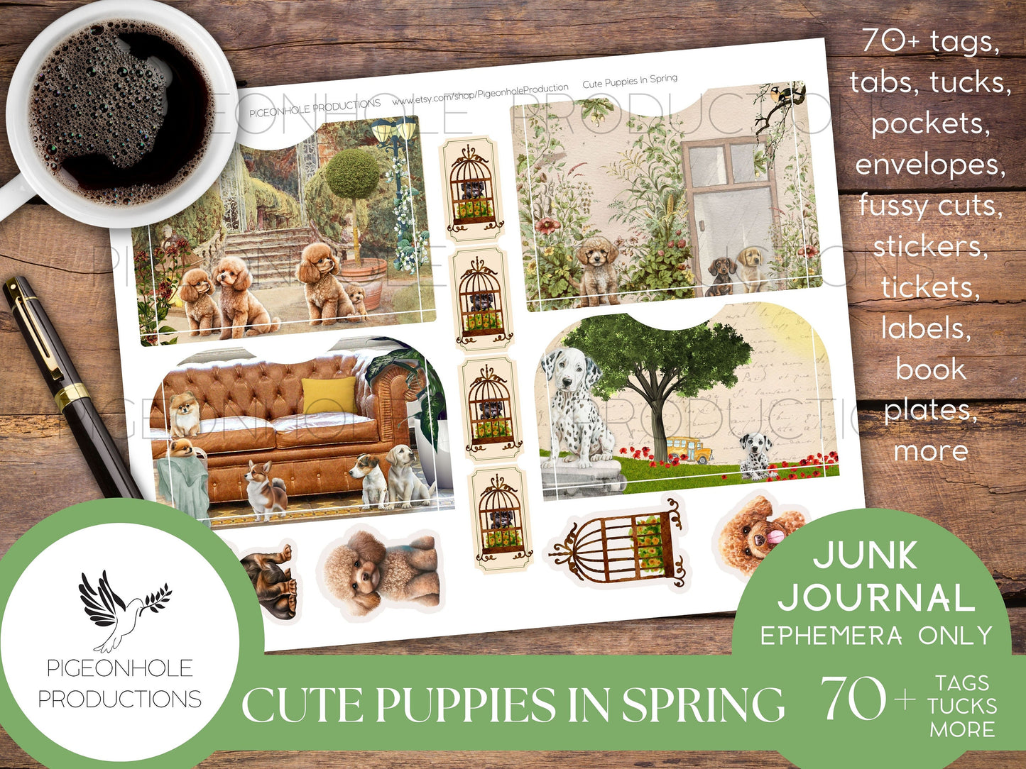 Cute Puppies In Spring Junk Journal EPHEMERA, PRINTABLE, 70+ cute tags, tucks, pockets, envelopes, fussy cuts, stickers, tickets, labels