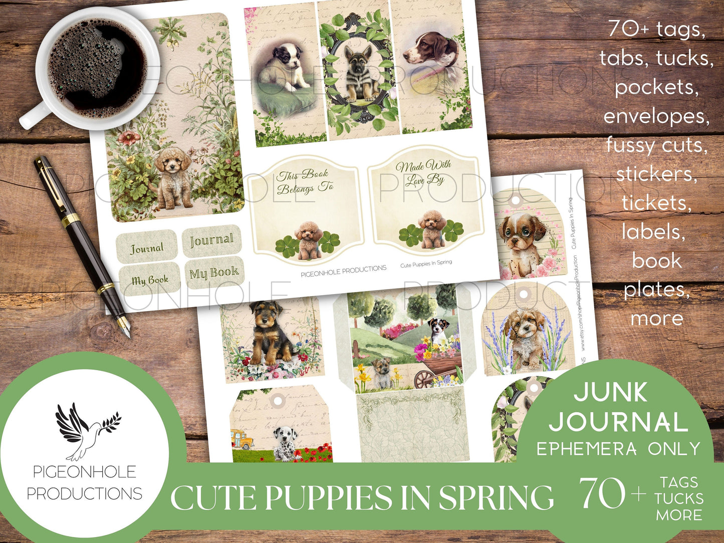 Cute Puppies In Spring Junk Journal EPHEMERA, PRINTABLE, 70+ cute tags, tucks, pockets, envelopes, fussy cuts, stickers, tickets, labels