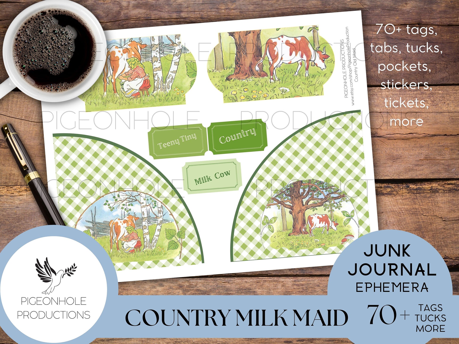 Country Milk Maid Junk Journal EPHEMERA—PRINTABLE—70+ cute tags, tucks, pockets, stickers, tickets with vintage illustrations