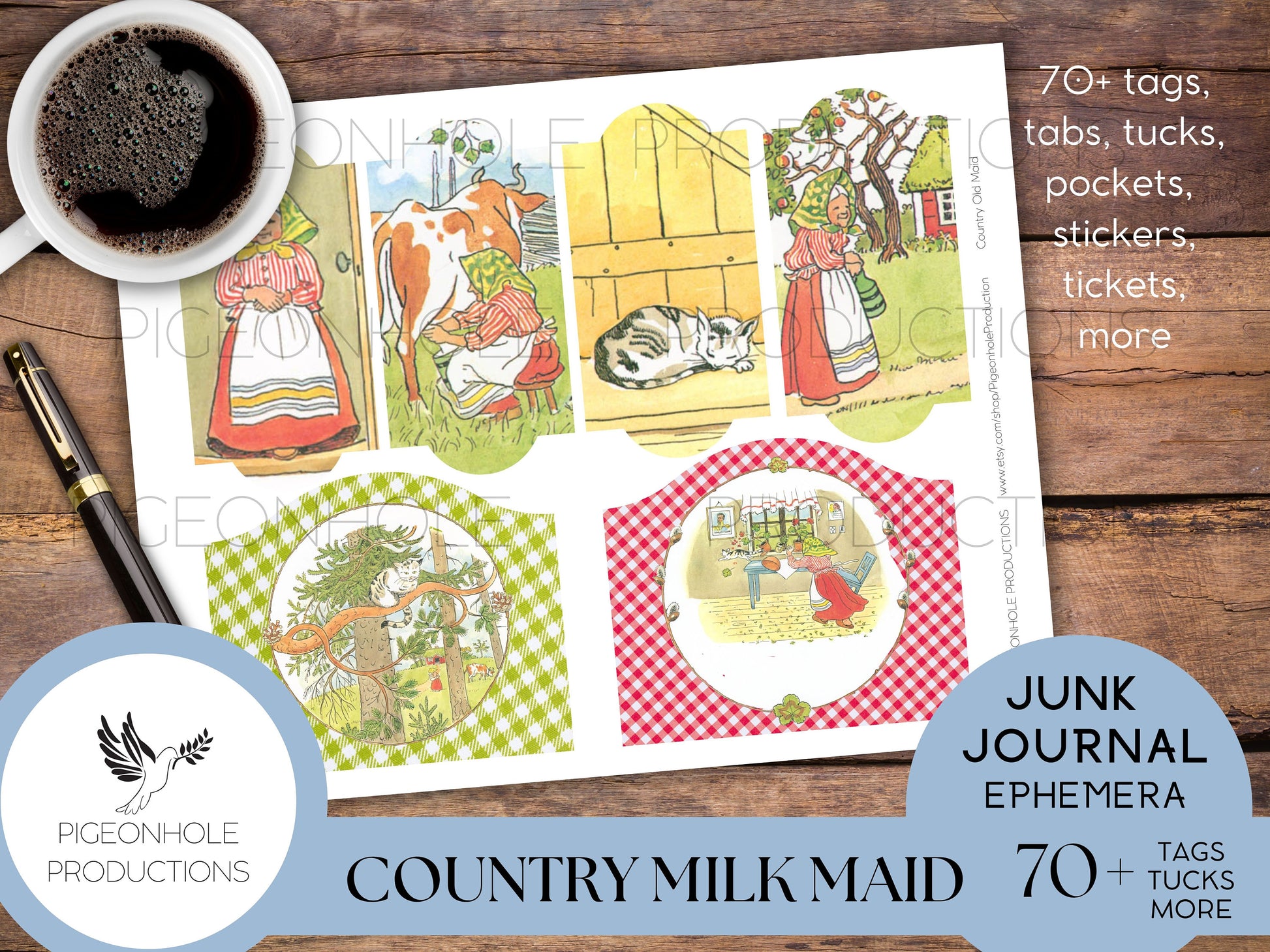 Country Milk Maid Junk Journal EPHEMERA—PRINTABLE—70+ cute tags, tucks, pockets, stickers, tickets with vintage illustrations