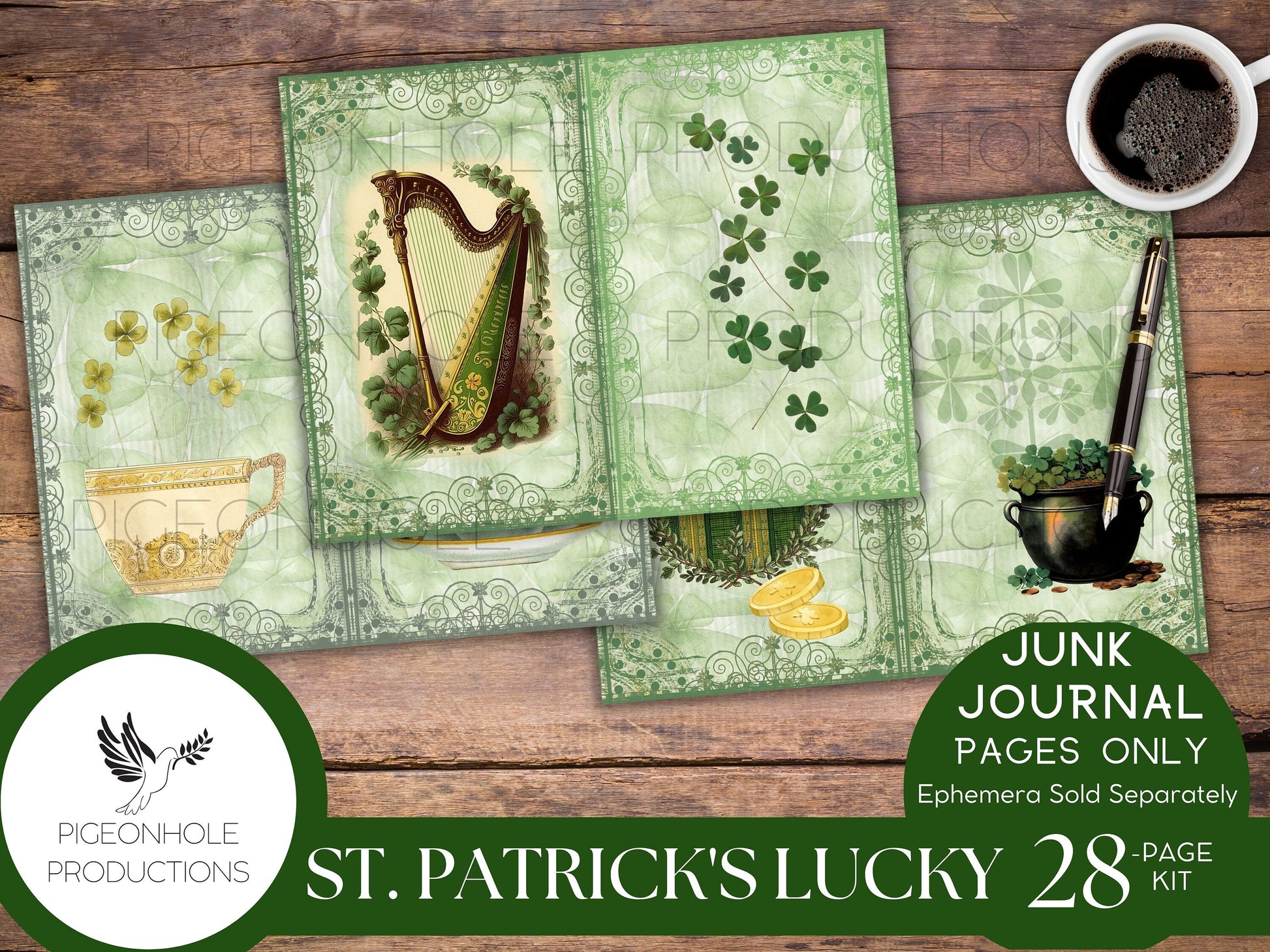 St. Patrick's Day LUCKY Junk Journal Pages—PRINTABLE—28 page kit makes 56 journal pages—lovely vintage Irish images—ephemera available