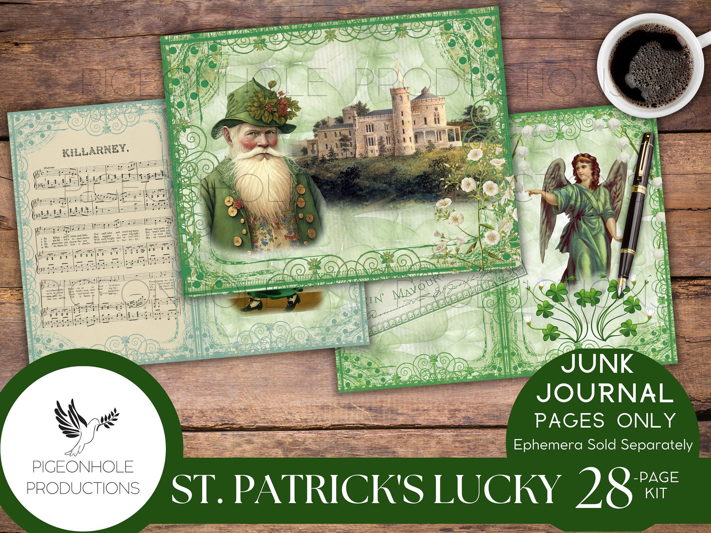 St. Patrick's Day LUCKY Junk Journal Pages—PRINTABLE—28 page kit makes 56 journal pages—lovely vintage Irish images—ephemera available