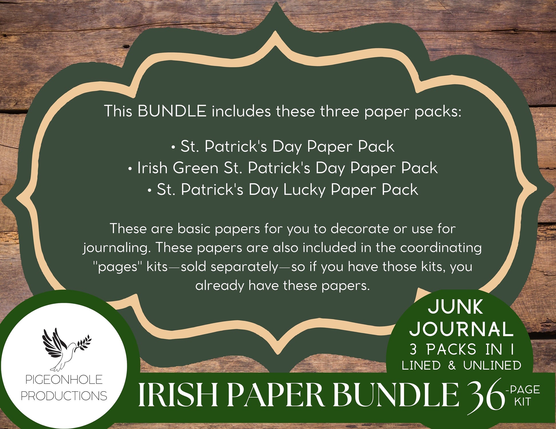 Irish Green Paper Pack BUNDLE, PRINTABLE, 36 green papers for junk journals and other paper crafts—coordinating pages and ephemera available