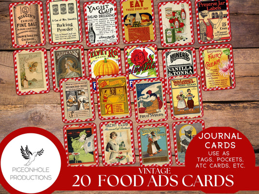 Vintage Food Advertising Junk Journal Cards, PRINTABLE, 20 cards for journals, ephemera, scrapbooking, decoupage, ATC, greeting cards, more!