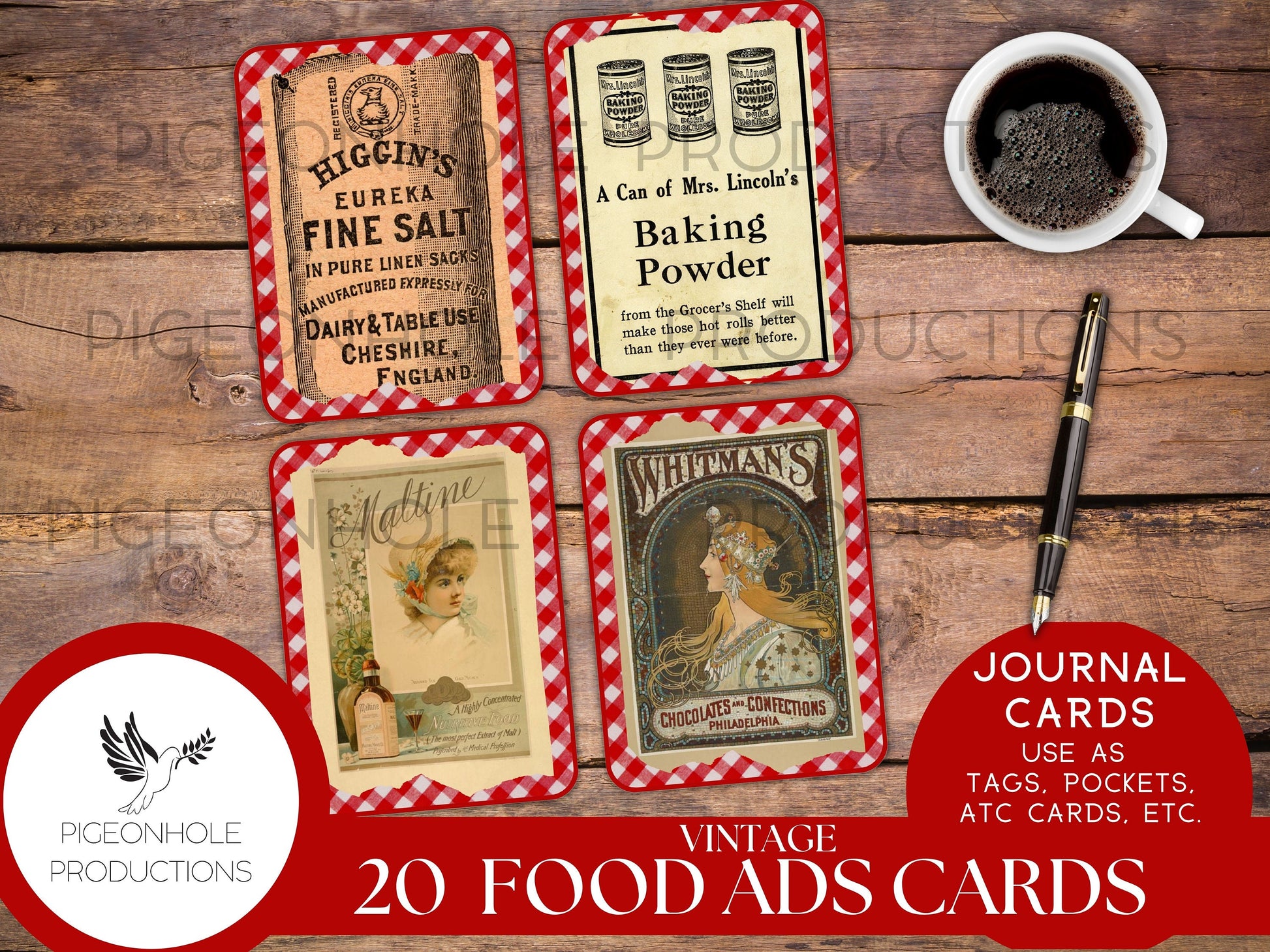 Vintage Food Advertising Junk Journal Cards, PRINTABLE, 20 cards for journals, ephemera, scrapbooking, decoupage, ATC, greeting cards, more!