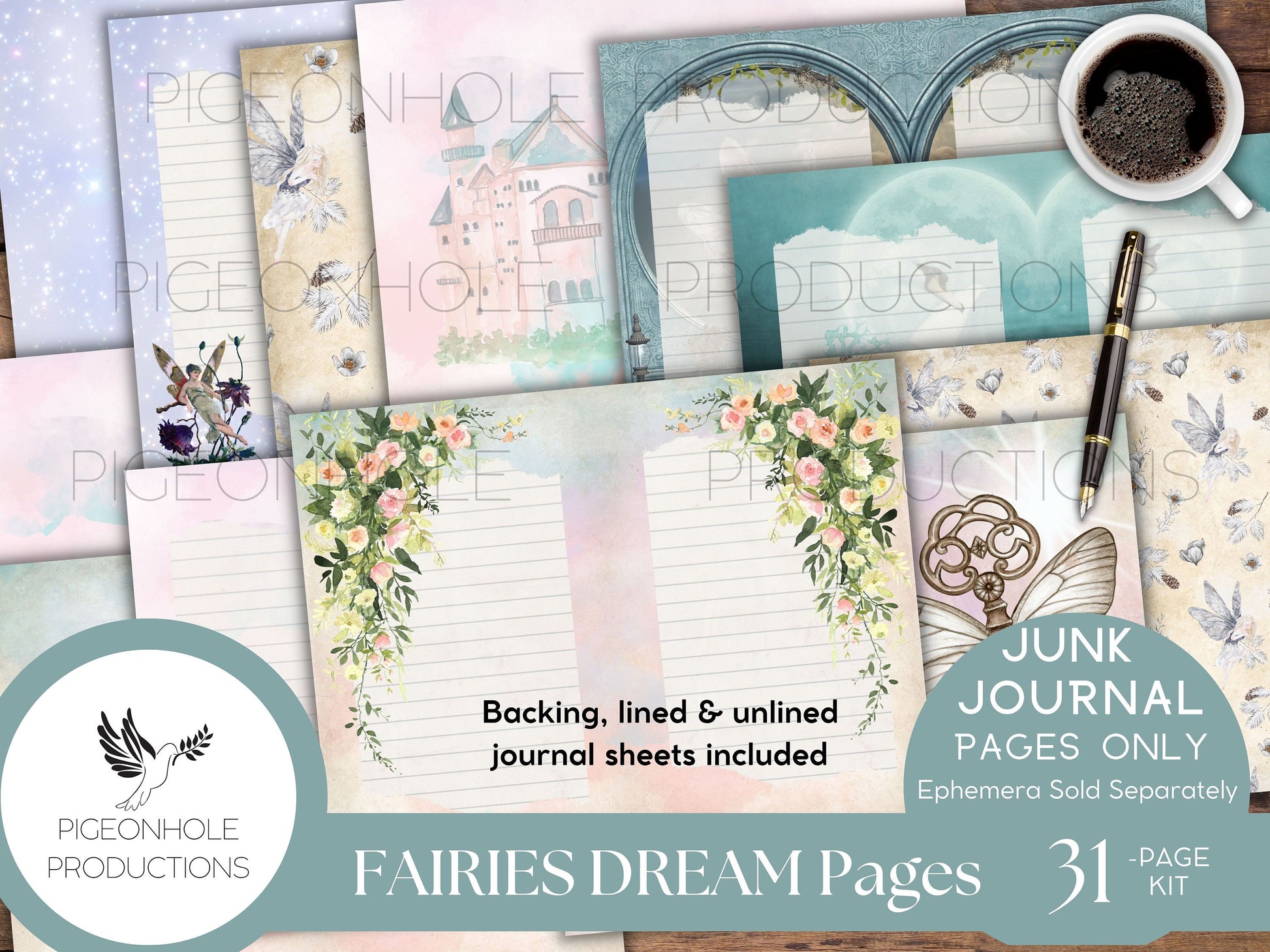 Fairies Dream Junk Journal Pages, PRINTABLE, 31 collaged, lined & unlined journal sheets, makes 62 junk journal pages, magical, enchanting