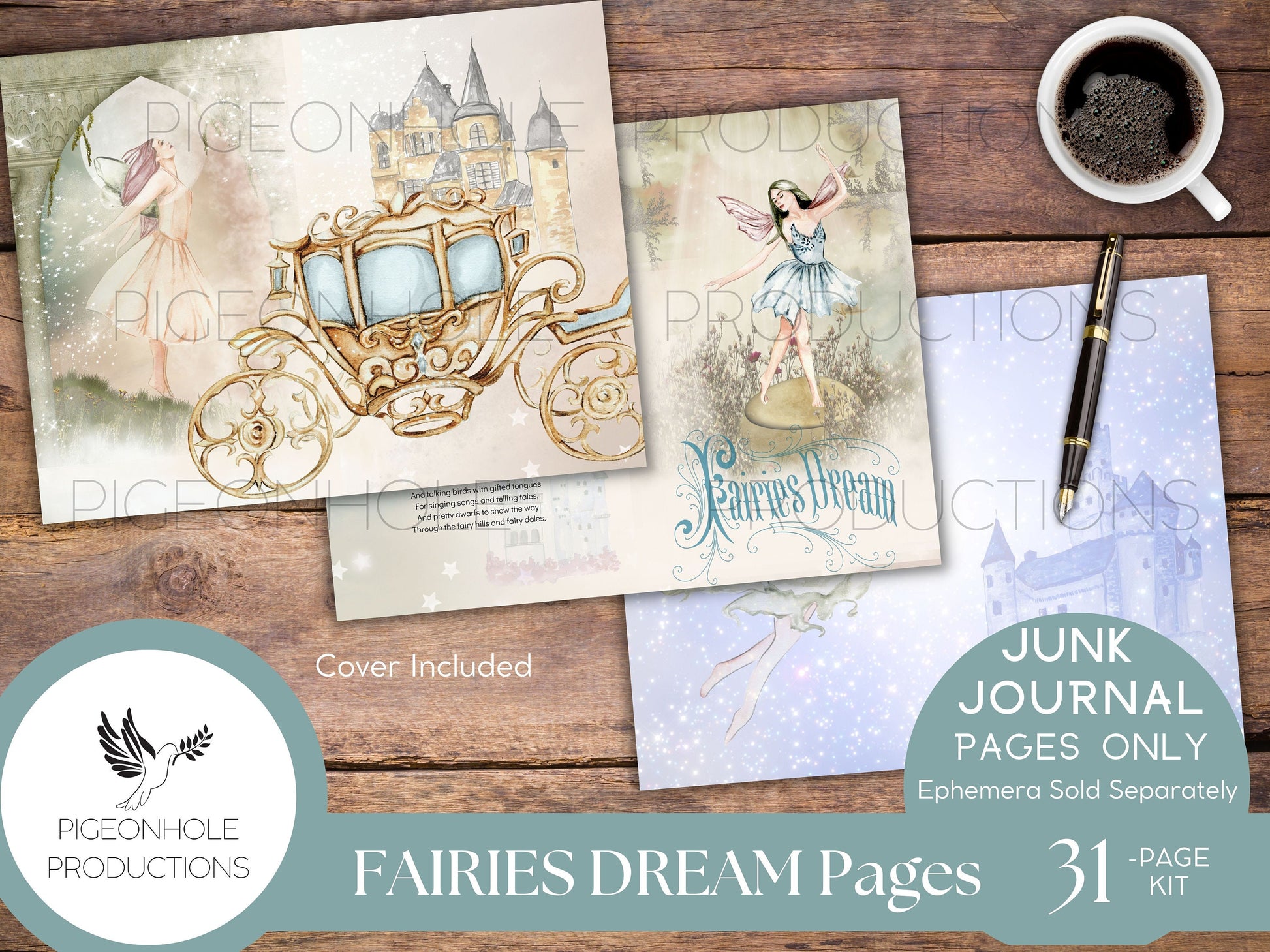 Fairies Dream Junk Journal Pages, PRINTABLE, 31 collaged, lined & unlined journal sheets, makes 62 junk journal pages, magical, enchanting