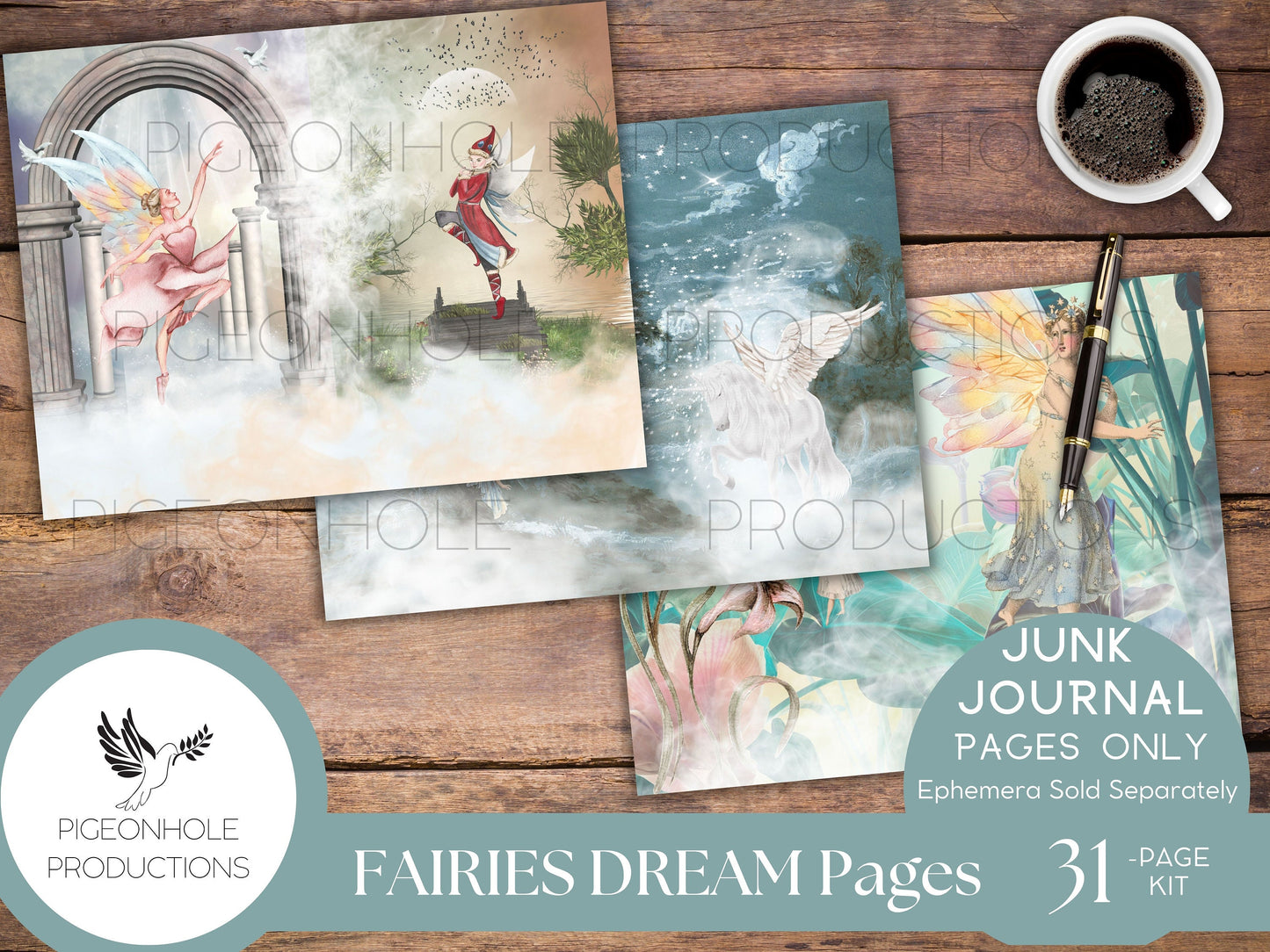 Fairies Dream Junk Journal Pages, PRINTABLE, 31 collaged, lined & unlined journal sheets, makes 62 junk journal pages, magical, enchanting