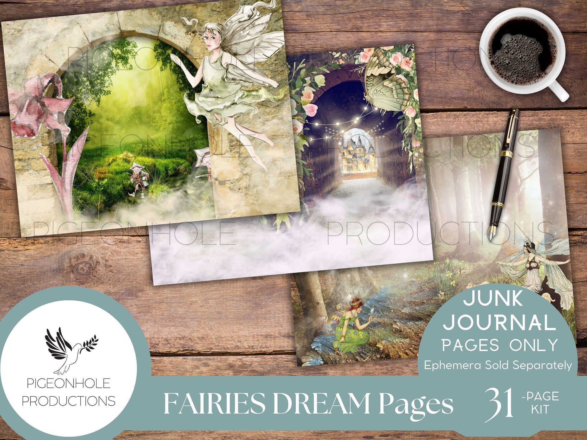 Fairies Dream Junk Journal Pages, PRINTABLE, 31 collaged, lined & unlined journal sheets, makes 62 junk journal pages, magical, enchanting