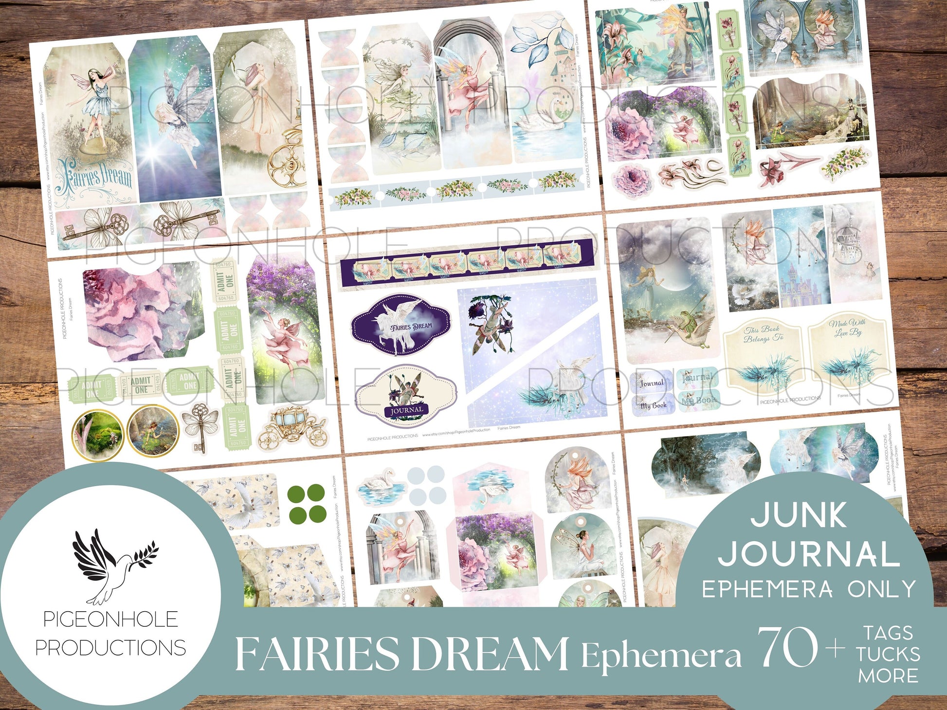 Fairies Dream Junk Journal EPHEMERA—PRINTABLE—70+ pretty tags, tucks, pockets, envelopes, fussy cuts, stickers, tickets, labels, more