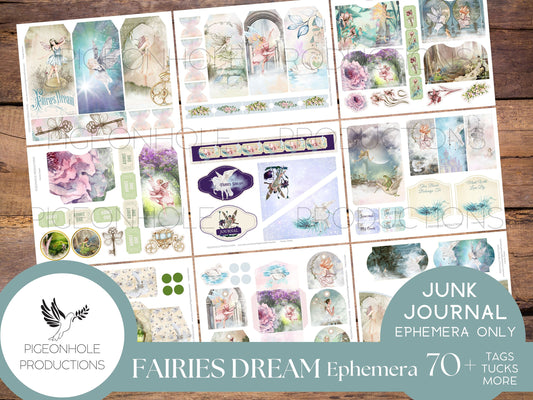 Fairies Dream Junk Journal EPHEMERA—PRINTABLE—70+ pretty tags, tucks, pockets, envelopes, fussy cuts, stickers, tickets, labels, more