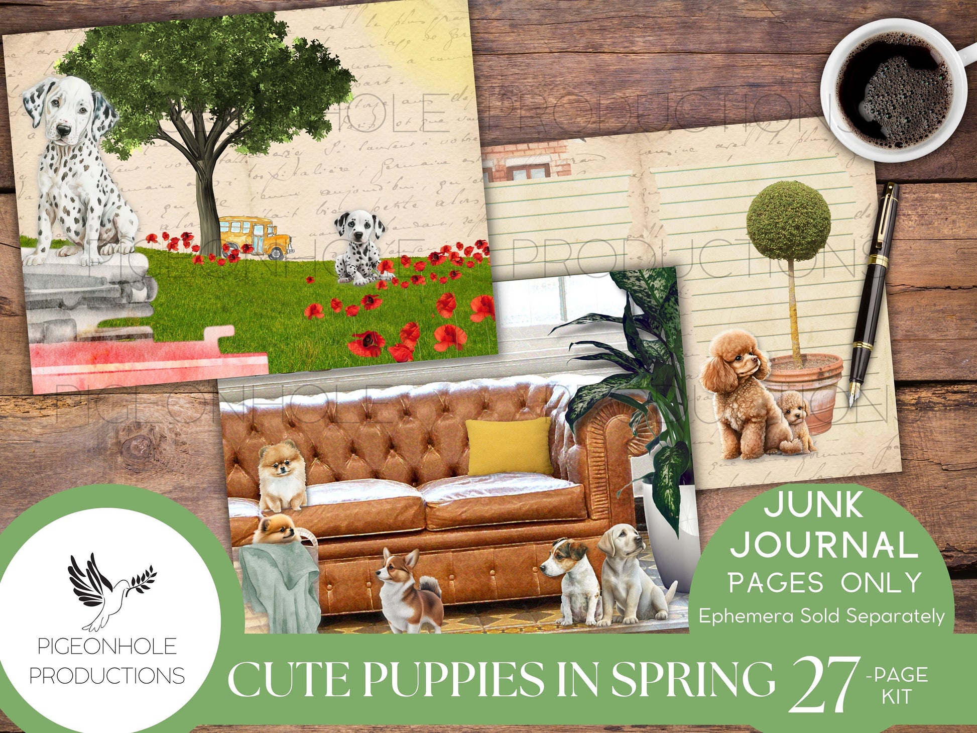 Cute Puppies In Spring Junk Journal Kit, PRINTABLE, 26 decorative, lined and unlined pages, makes 52 journal pages, sweet cuddly puppies!