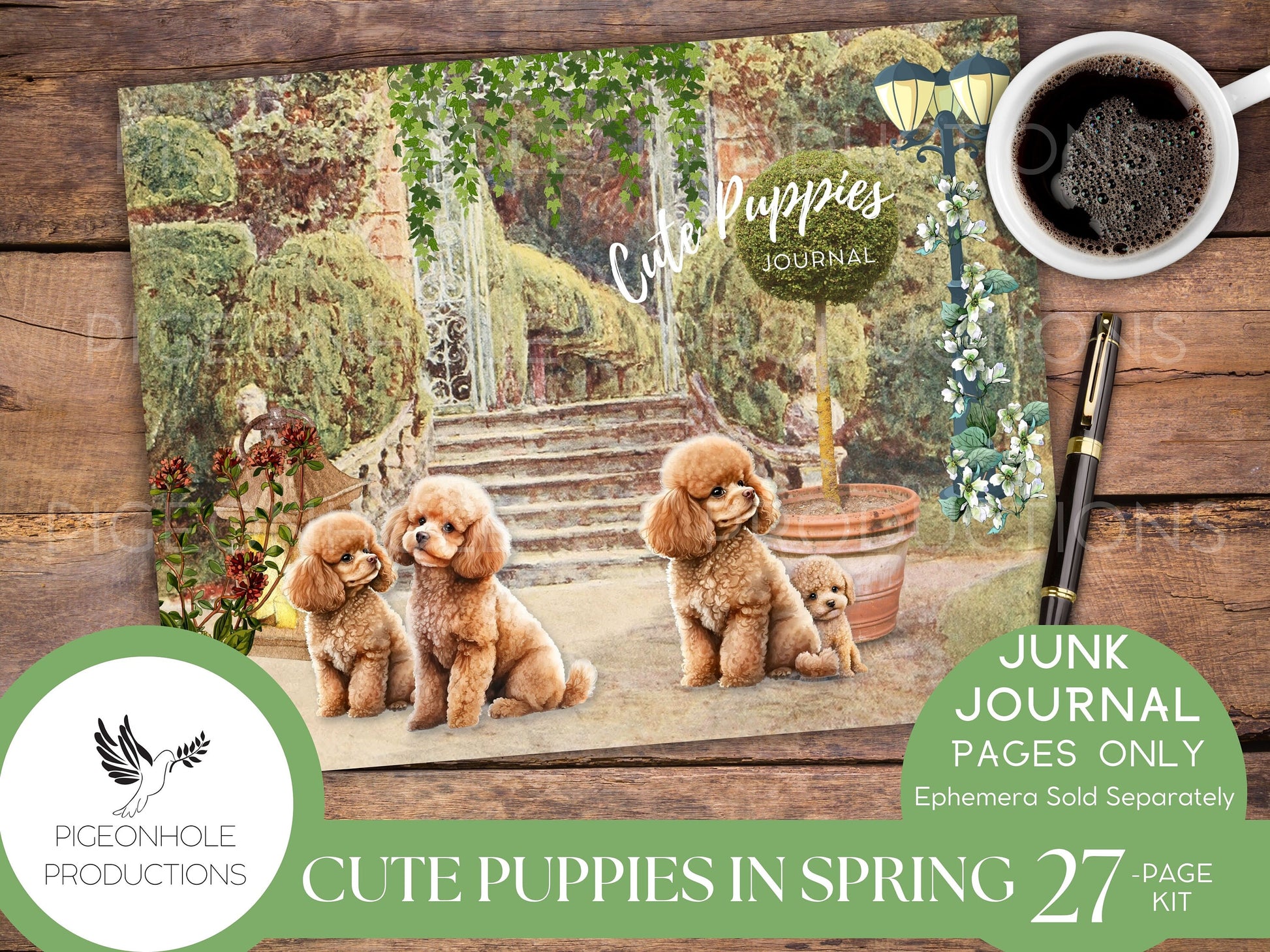 Cute Puppies In Spring Junk Journal Kit, PRINTABLE, 26 decorative, lined and unlined pages, makes 52 journal pages, sweet cuddly puppies!