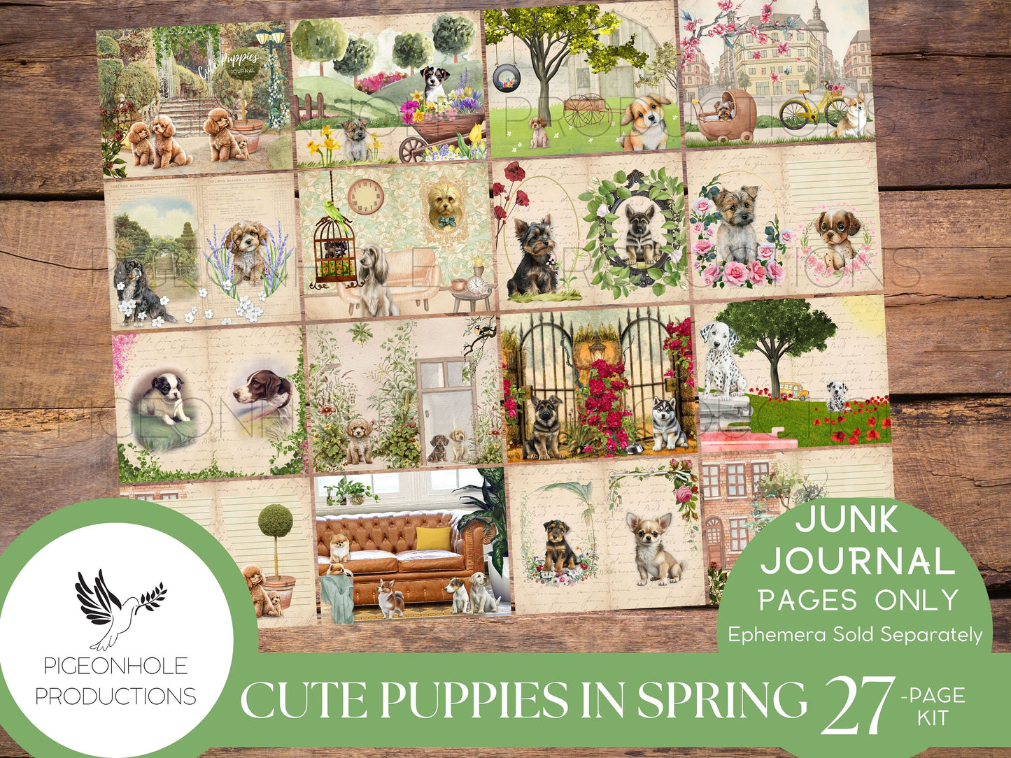 Cute Puppies In Spring Junk Journal Kit, PRINTABLE, 26 decorative, lined and unlined pages, makes 52 journal pages, sweet cuddly puppies!