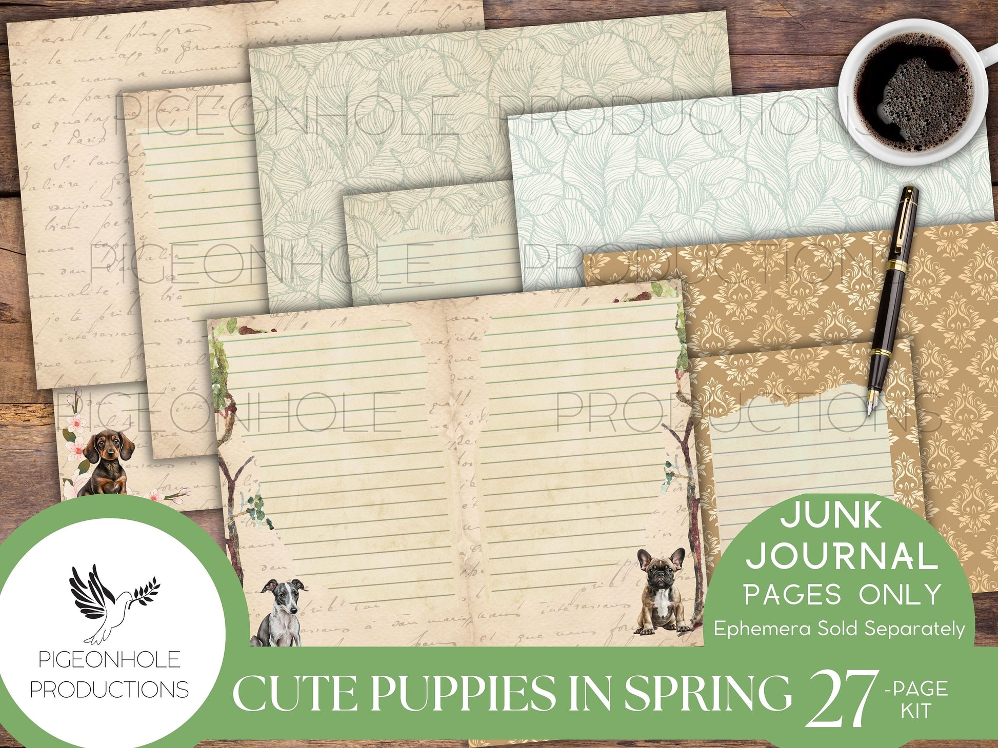 Cute Puppies In Spring Junk Journal Kit, PRINTABLE, 26 decorative, lined and unlined pages, makes 52 journal pages, sweet cuddly puppies!