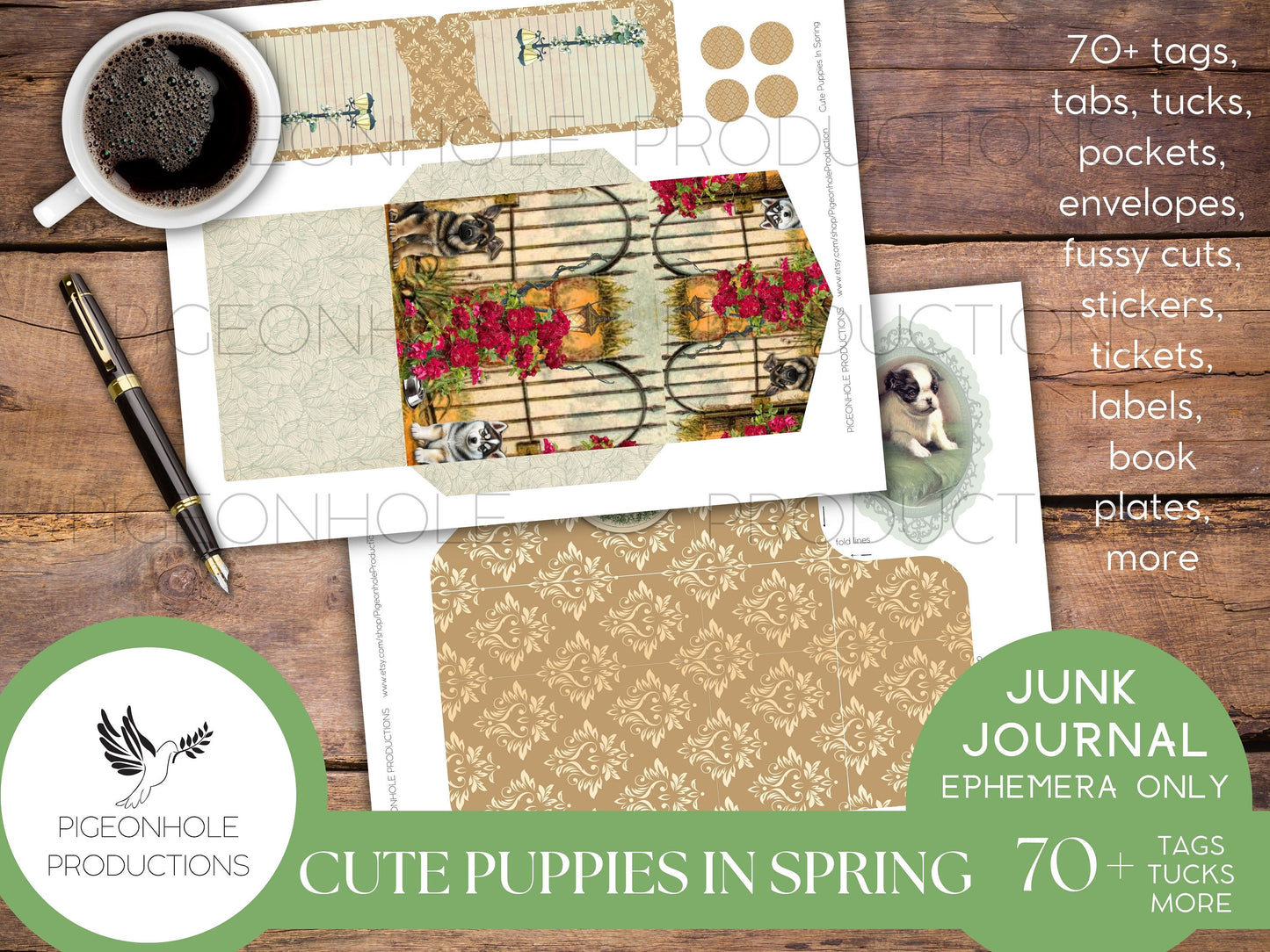 Cute Puppies In Spring Junk Journal EPHEMERA, PRINTABLE, 70+ cute tags, tucks, pockets, envelopes, fussy cuts, stickers, tickets, labels